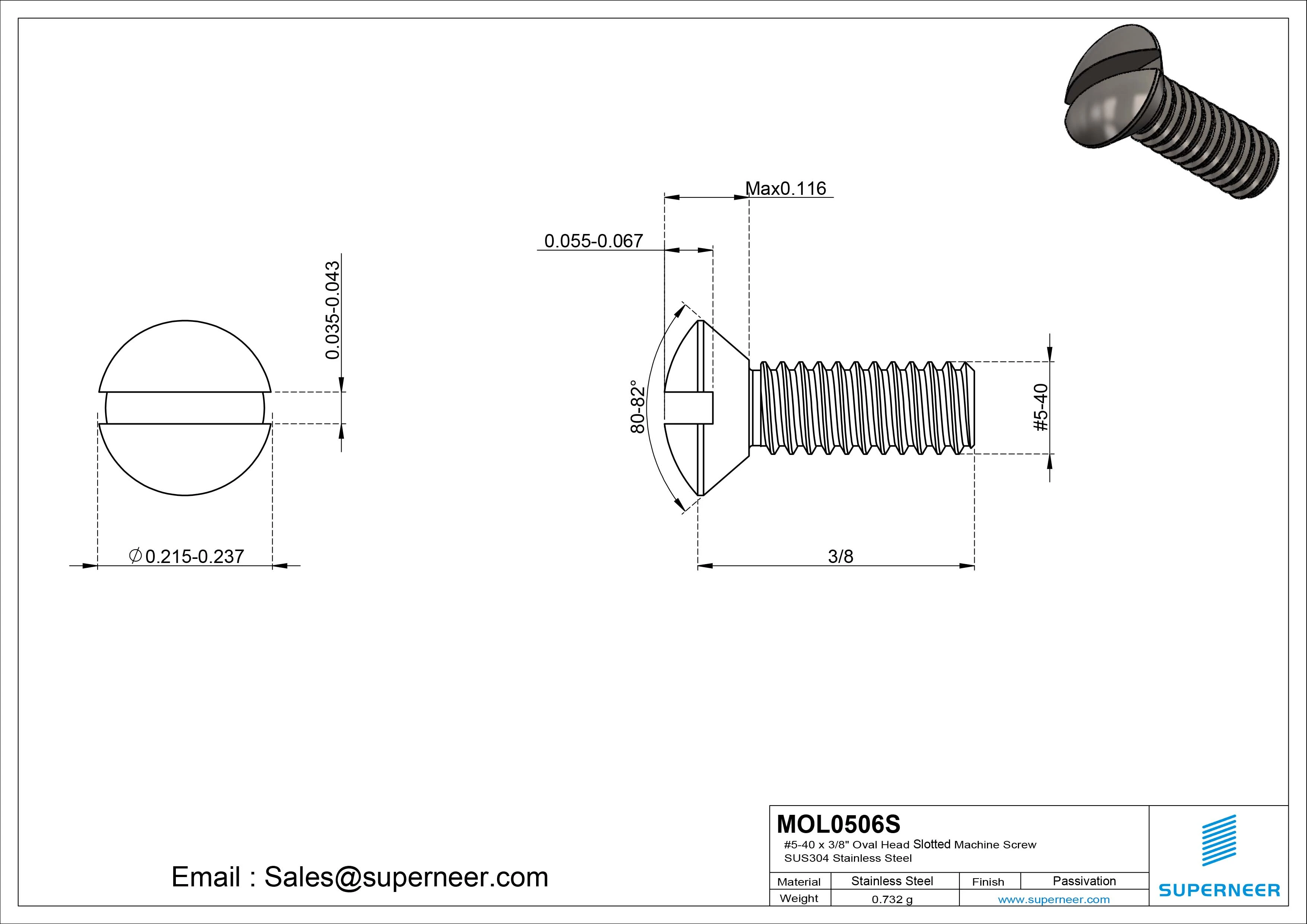 5-40 x 3/8" Oval Head Slotted Machine Screw SUS304 Stainless Steel Inox