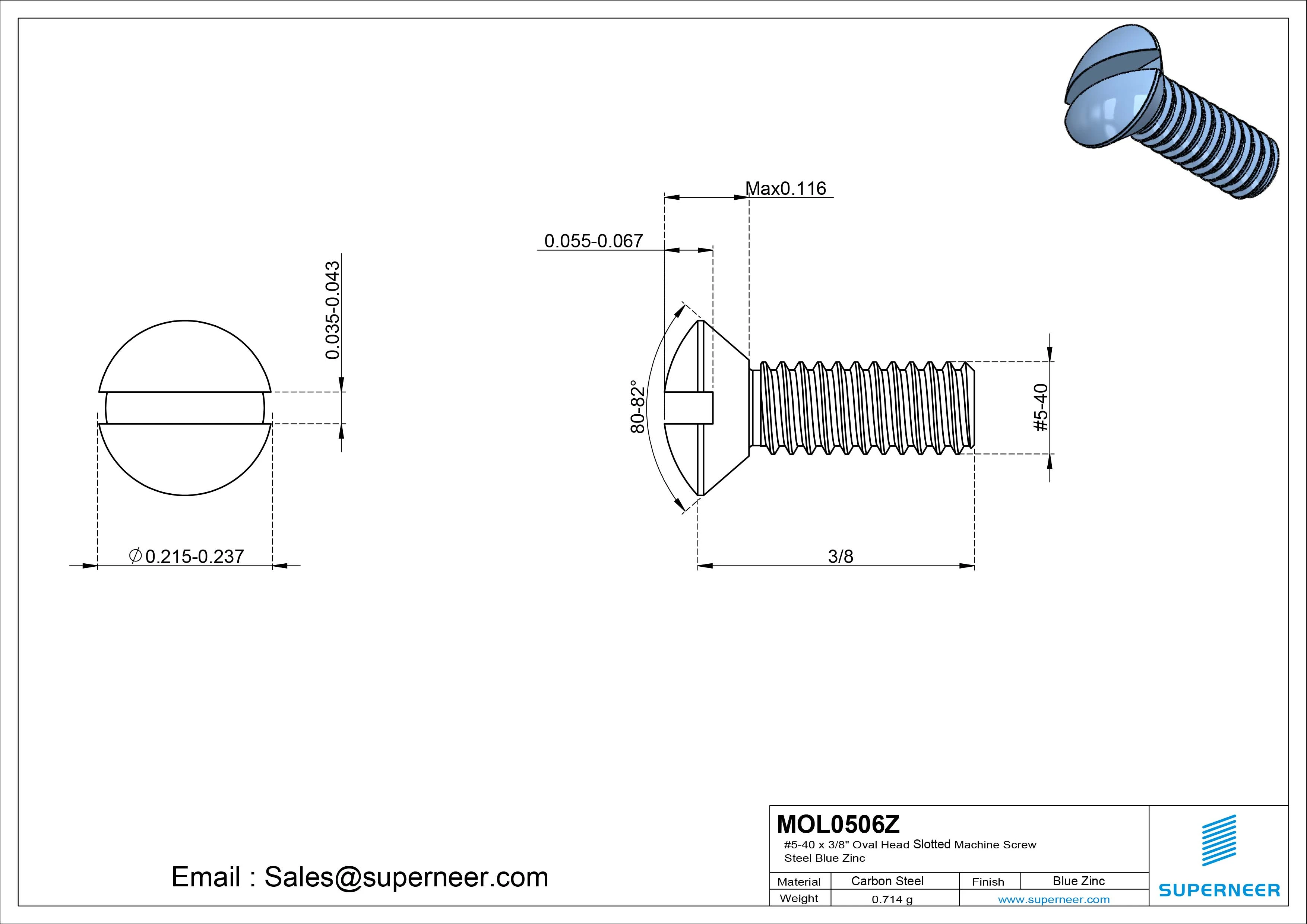5-40 x 3/8" Oval Head Slotted Machine Screw Steel Blue Zinc Plated