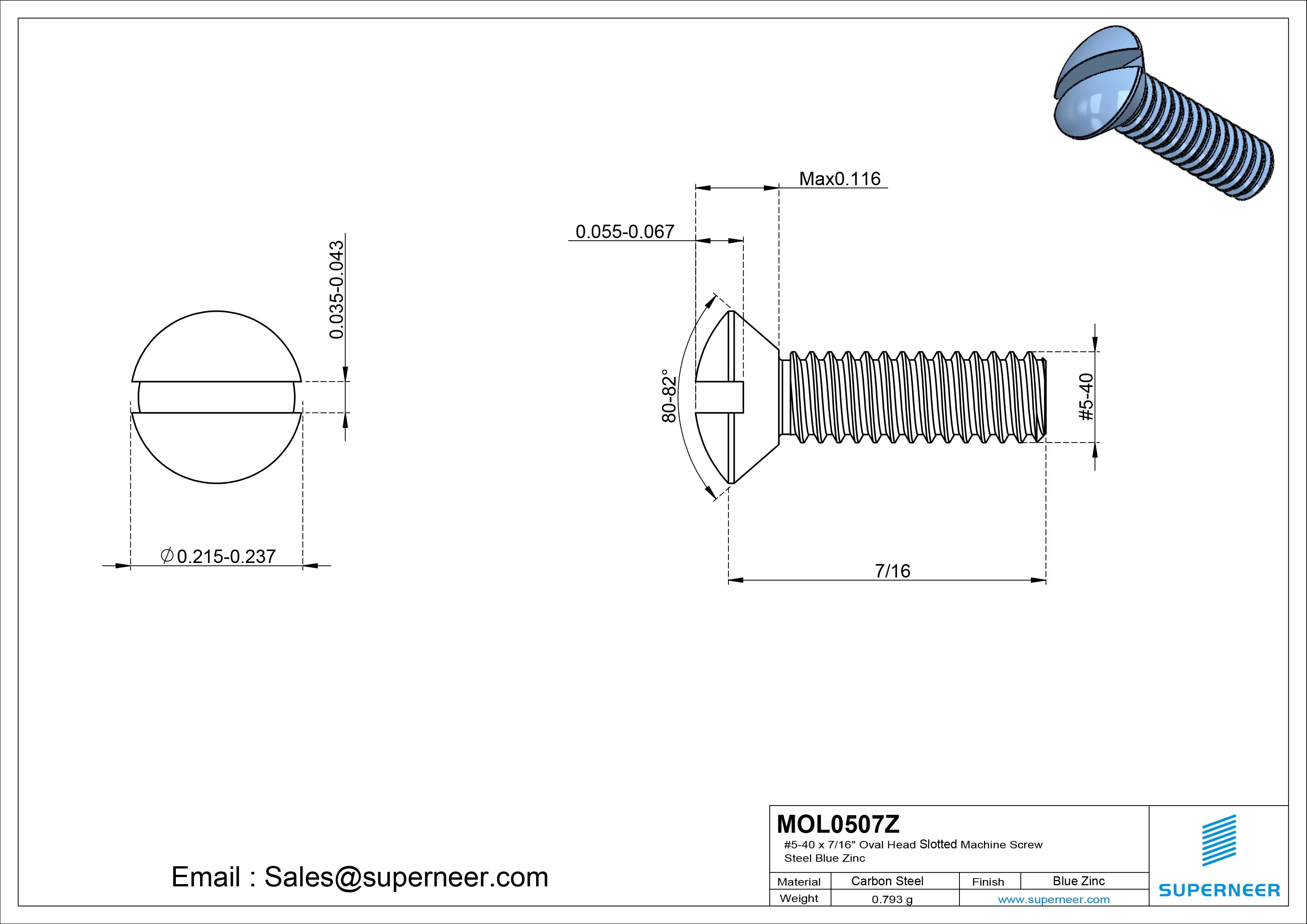5-40 x 7/16" Oval Head Slotted Machine Screw Steel Blue Zinc Plated