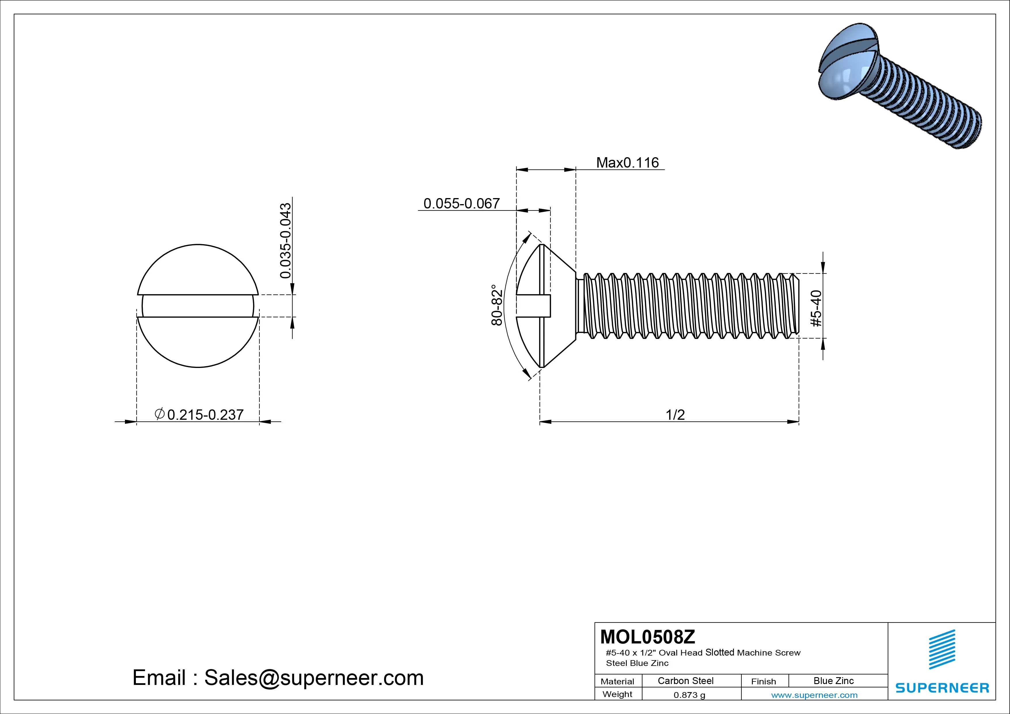 5-40 x 1/2" Oval Head Slotted Machine Screw Steel Blue Zinc Plated