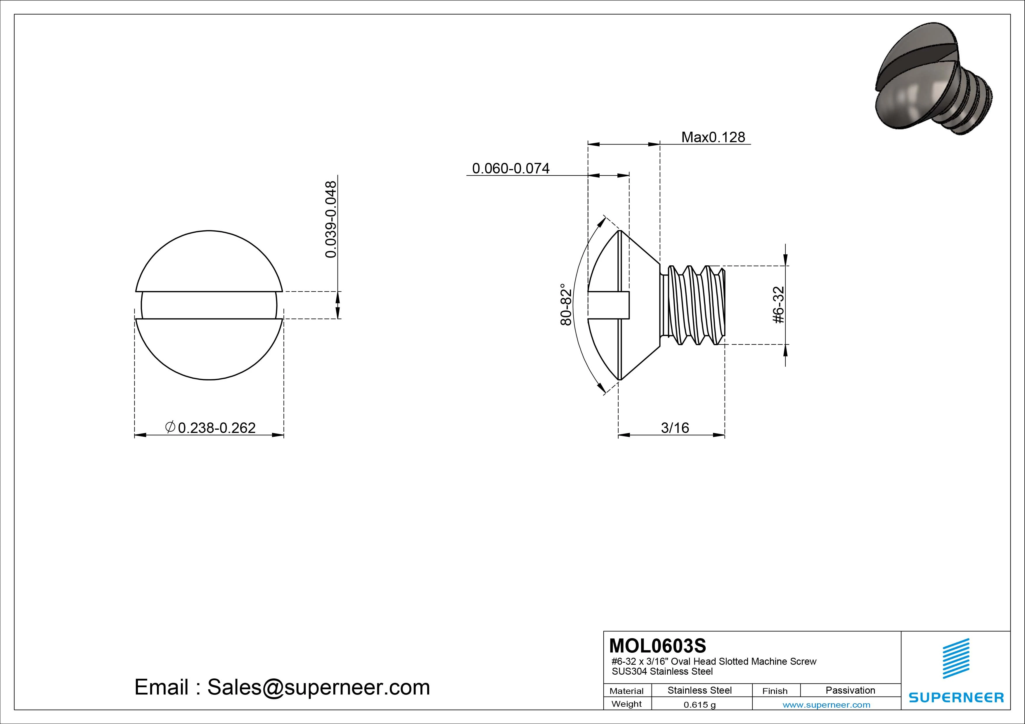 6-32 x 3/16" Oval Head Slotted Machine Screw SUS304 Stainless Steel Inox