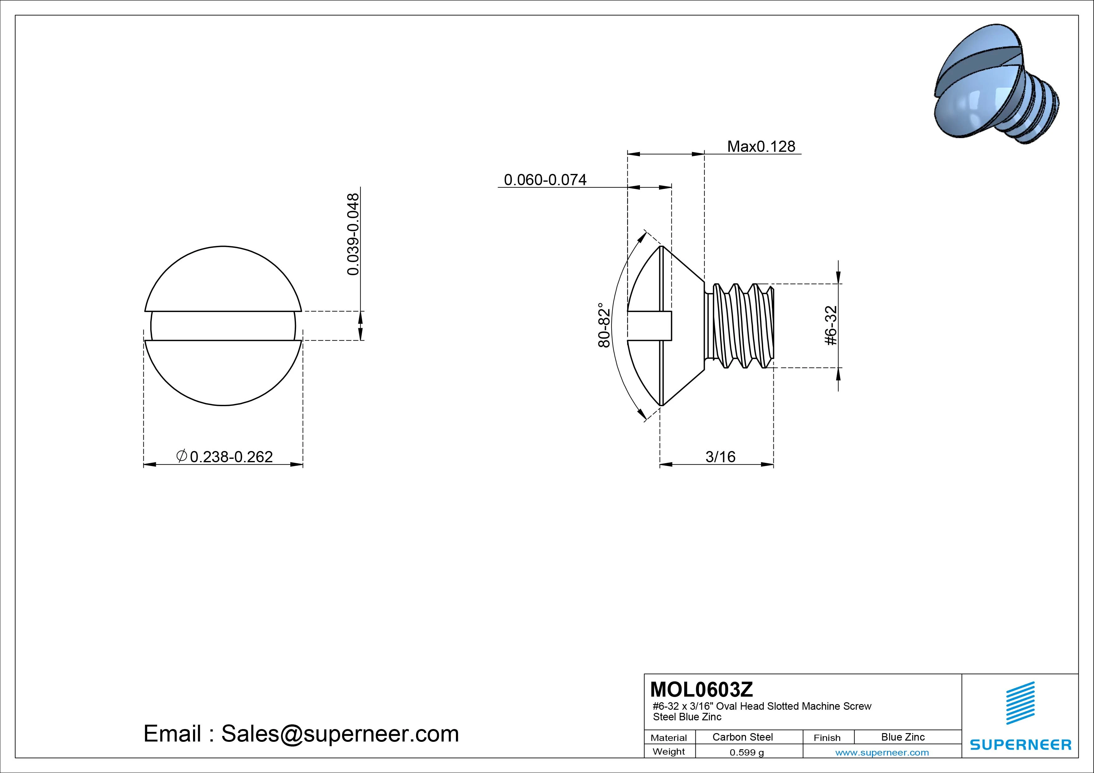 6-32 x 3/16" Oval Head Slotted Machine Screw Steel Blue Zinc Plated