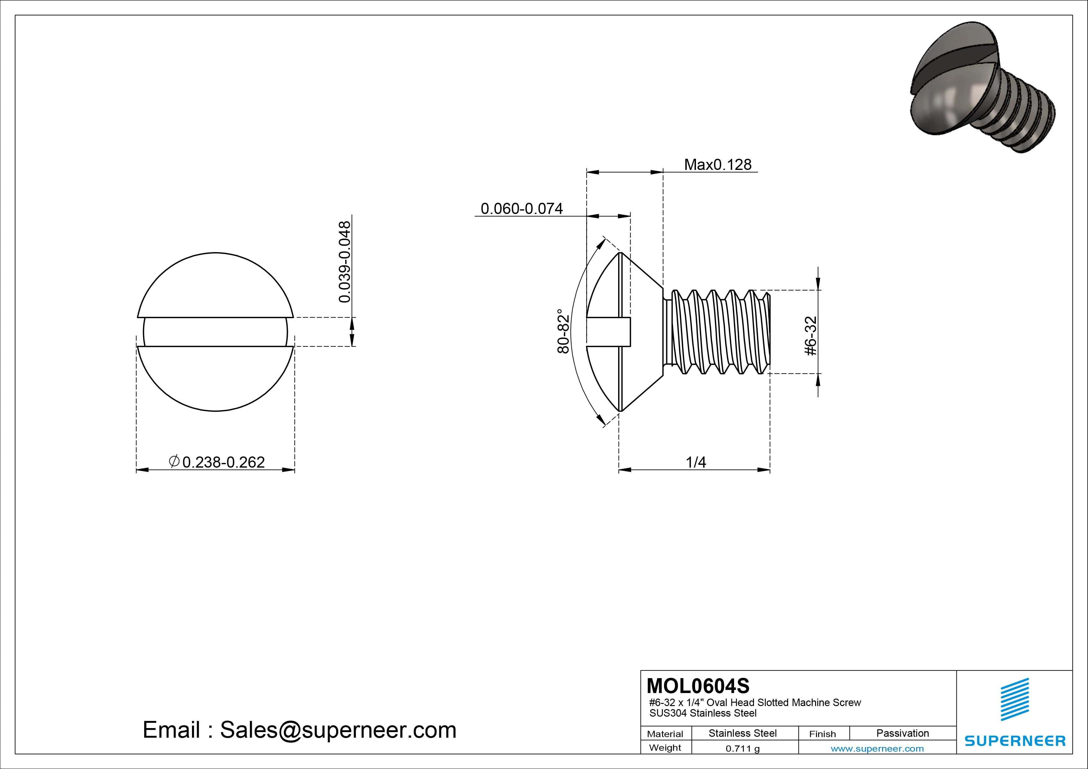 6-32 x 1/4" Oval Head Slotted Machine Screw SUS304 Stainless Steel Inox