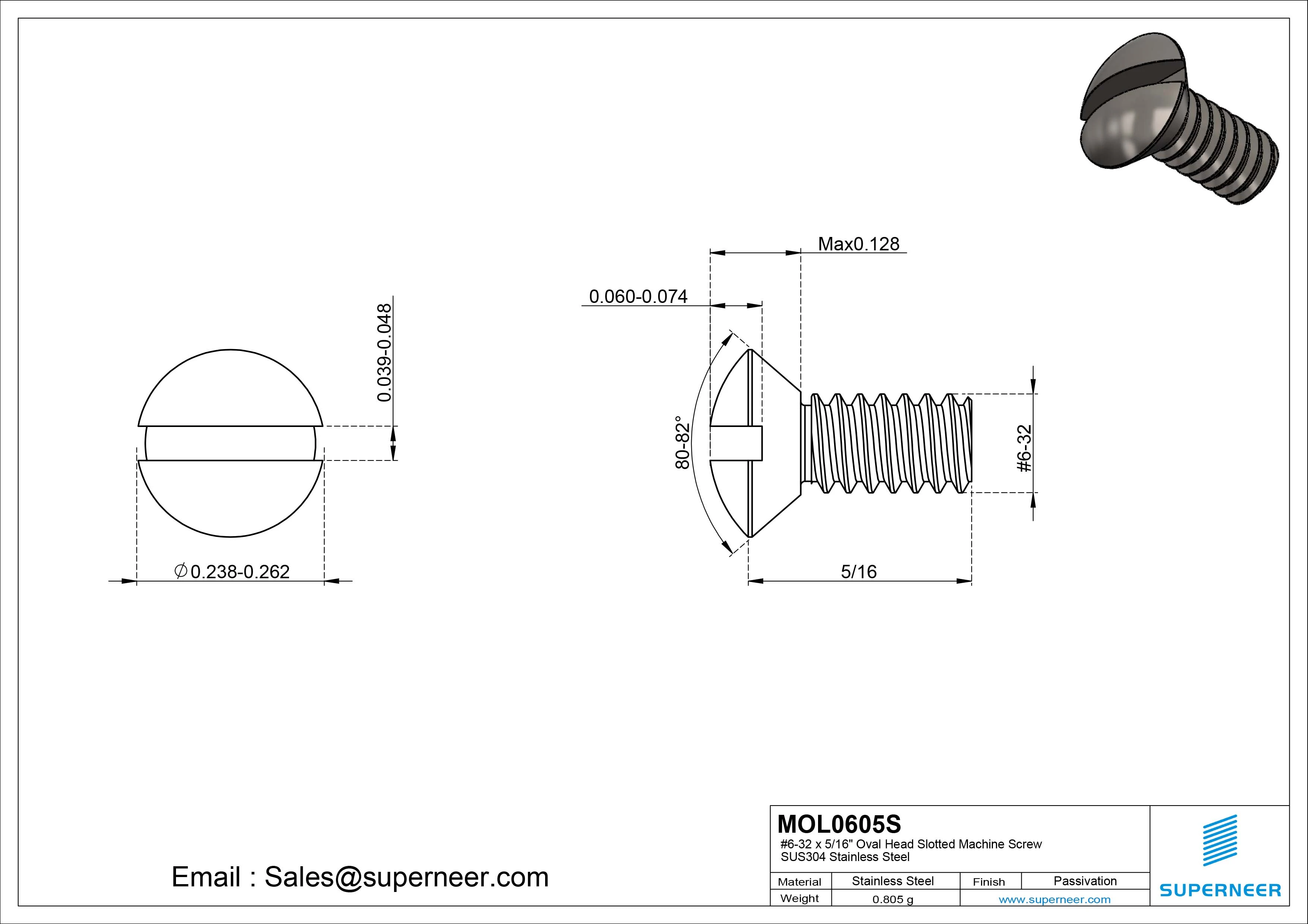6-32 x 5/16" Oval Head Slotted Machine Screw SUS304 Stainless Steel Inox