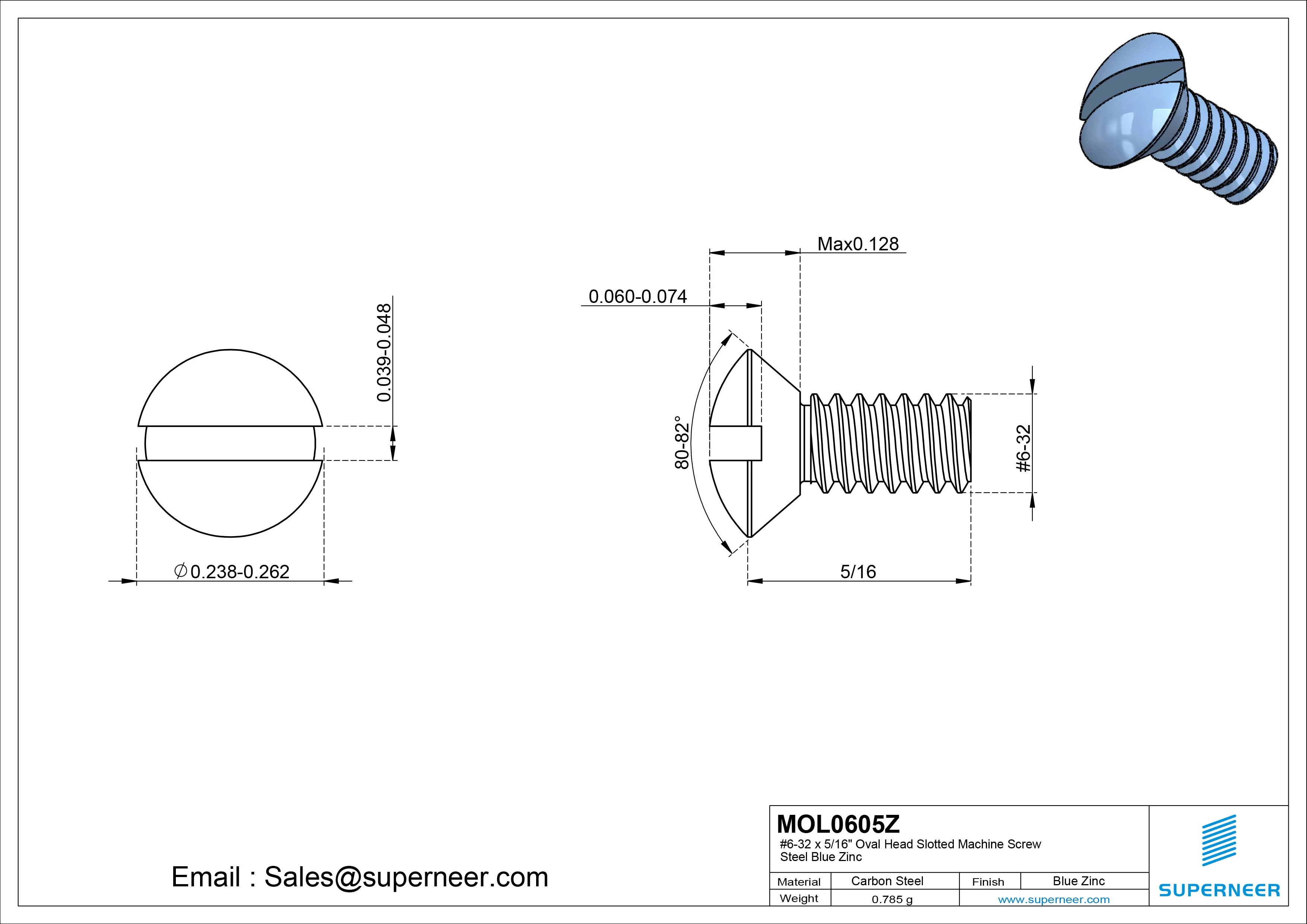 6-32 x 5/16" Oval Head Slotted Machine Screw Steel Blue Zinc Plated
