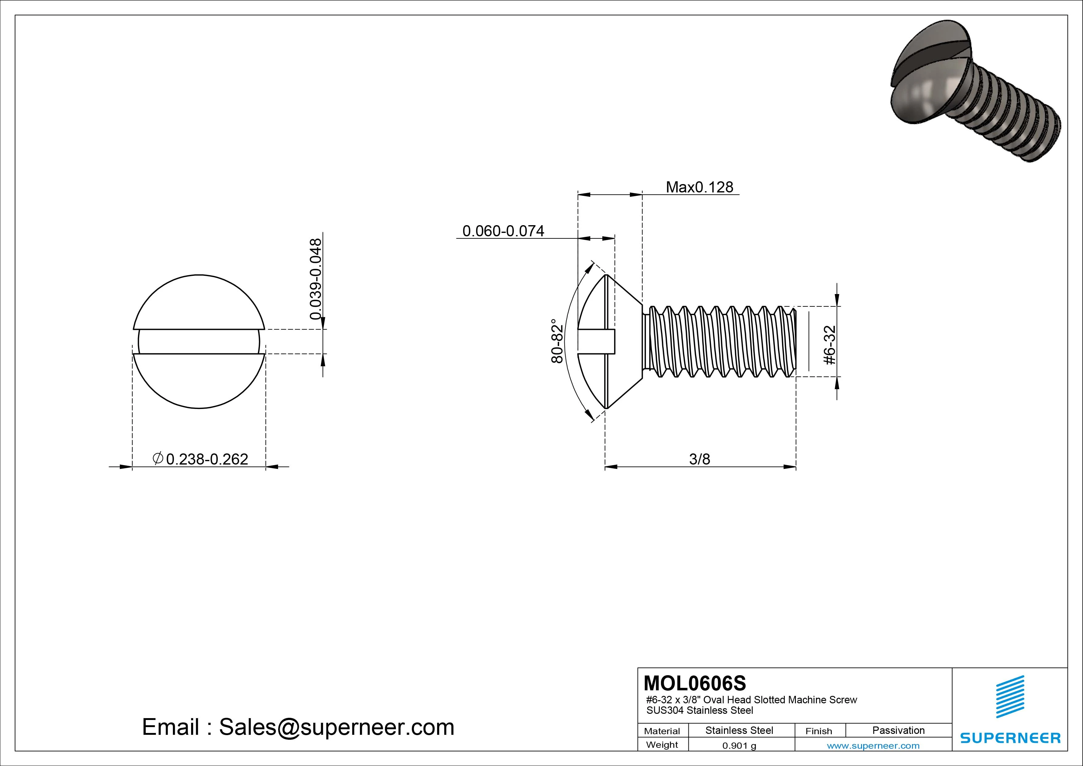 6-32 x 3/8" Oval Head Slotted Machine Screw SUS304 Stainless Steel Inox
