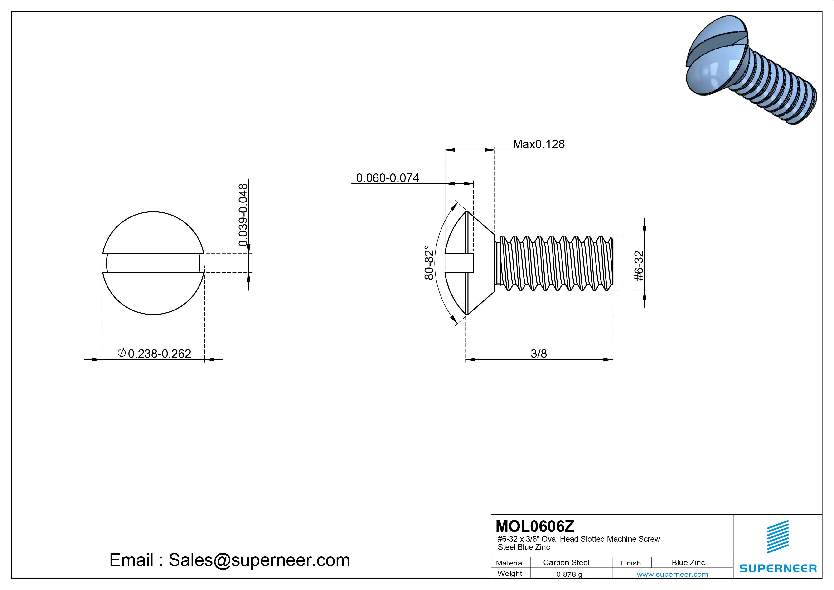 6-32 x 3/8" Oval Head Slotted Machine Screw Steel Blue Zinc Plated