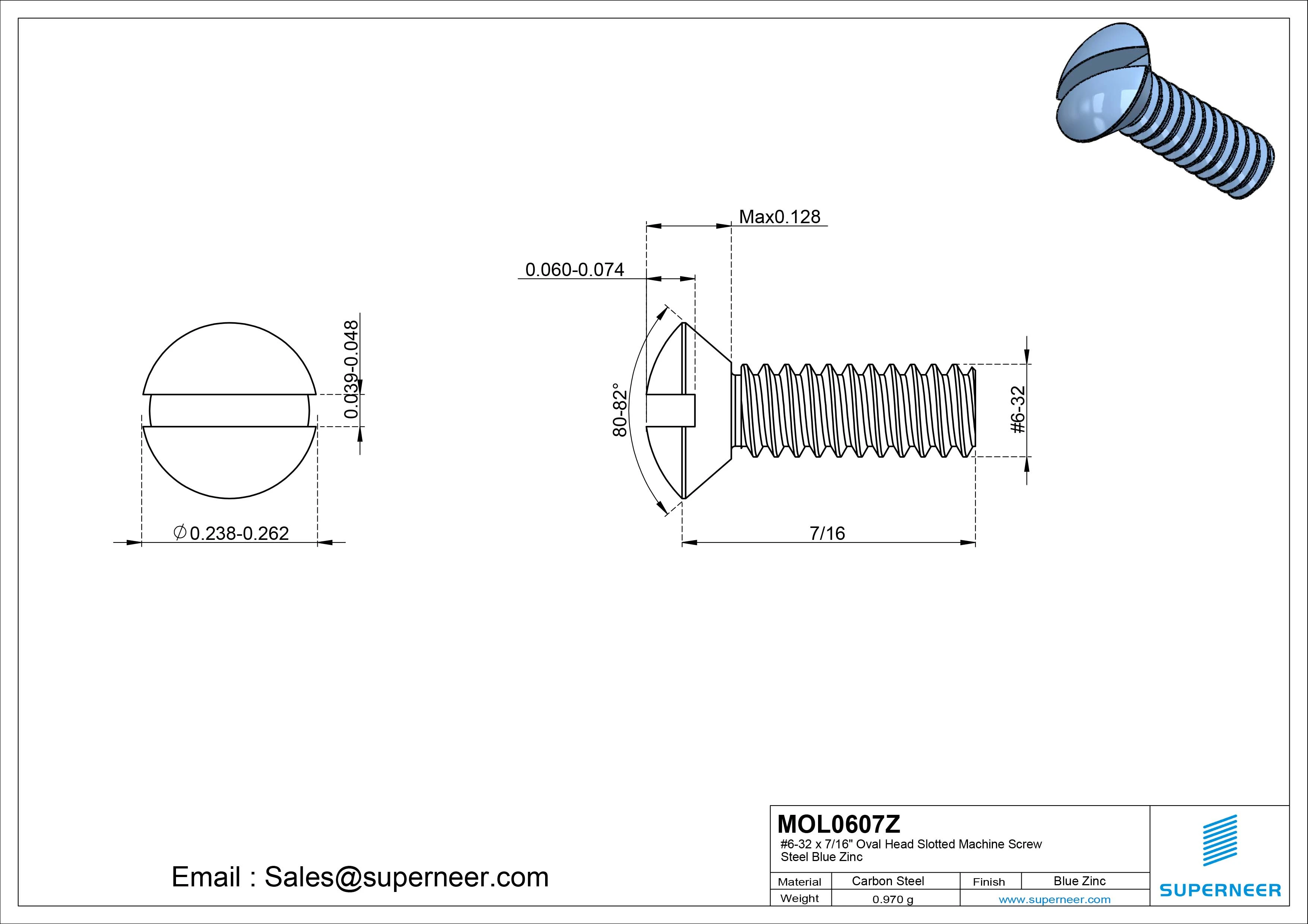 6-32 x 7/16" Oval Head Slotted Machine Screw Steel Blue Zinc Plated