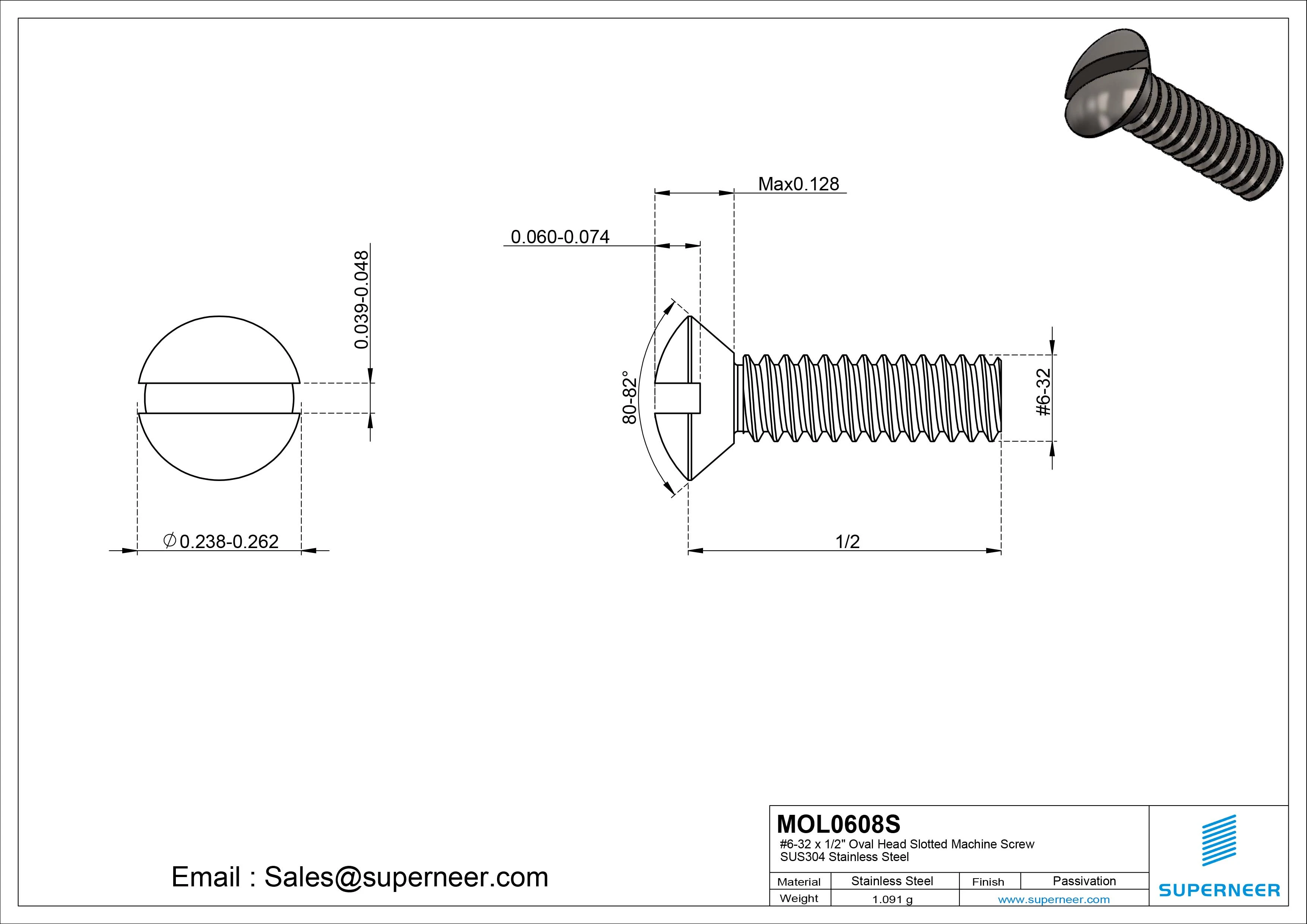 6-32 x 1/2" Oval Head Slotted Machine Screw SUS304 Stainless Steel Inox