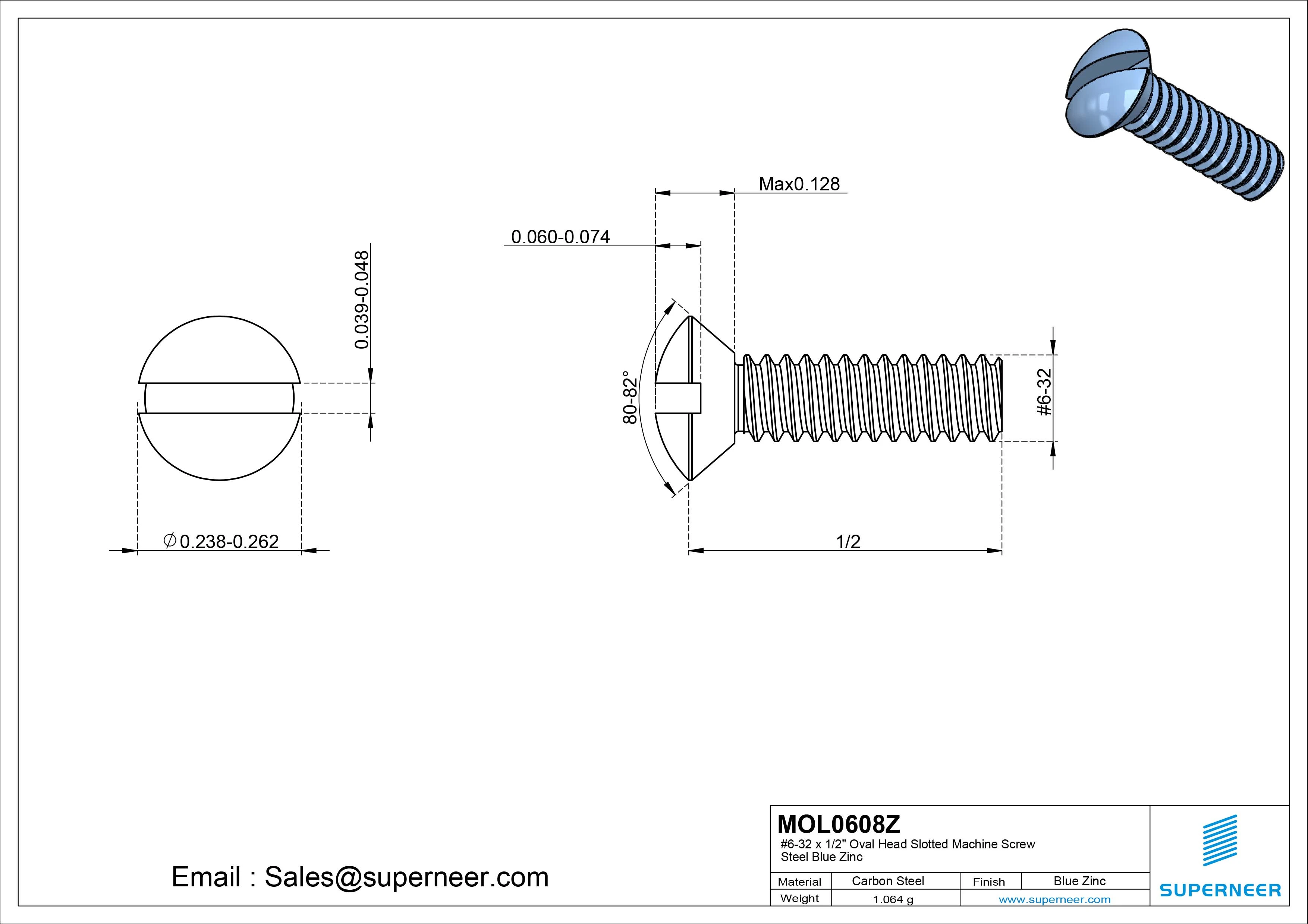 6-32 x 1/2" Oval Head Slotted Machine Screw Steel Blue Zinc Plated