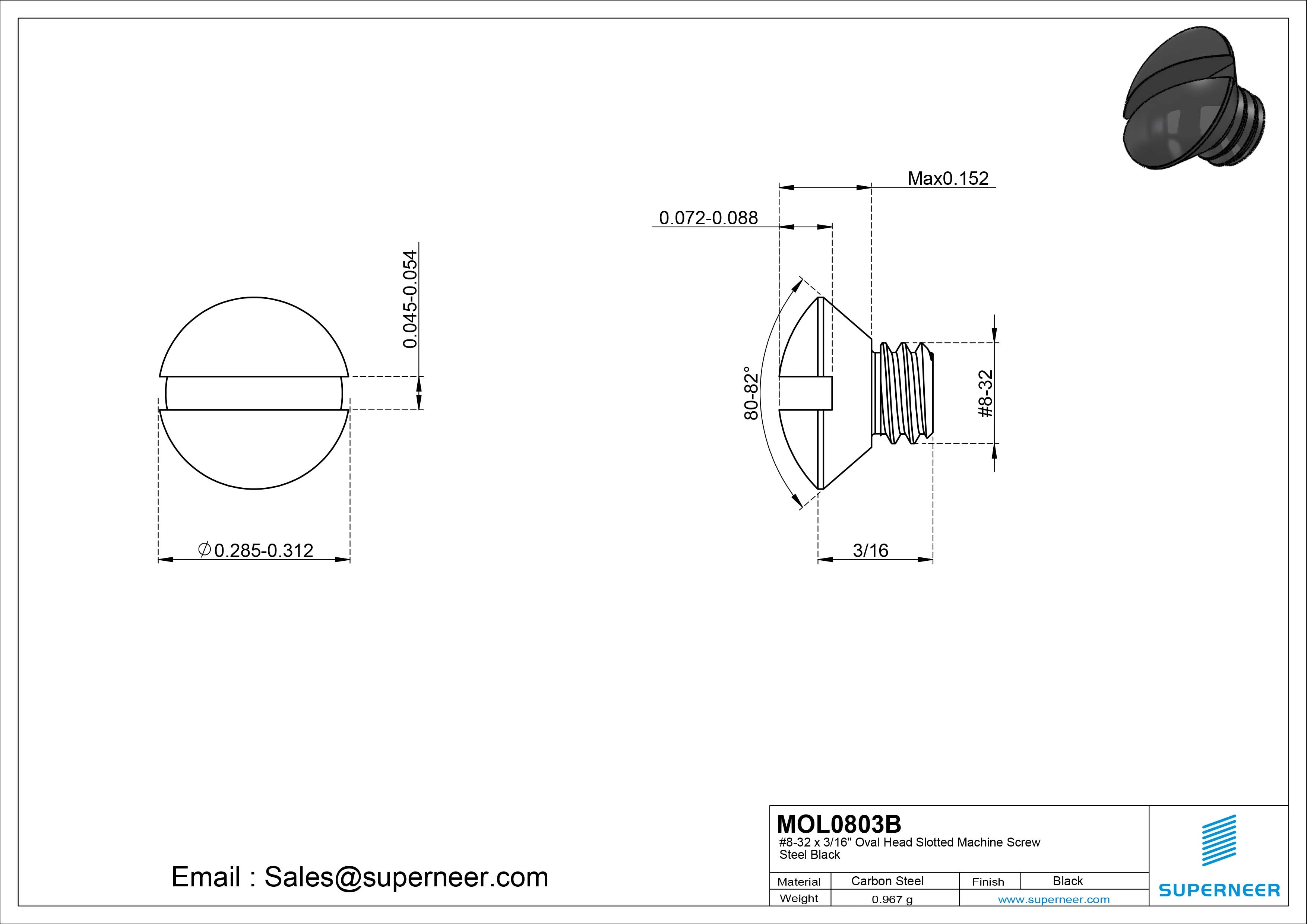 8-32 x 3/16" Oval Head Slotted Machine Screw Steel Black
