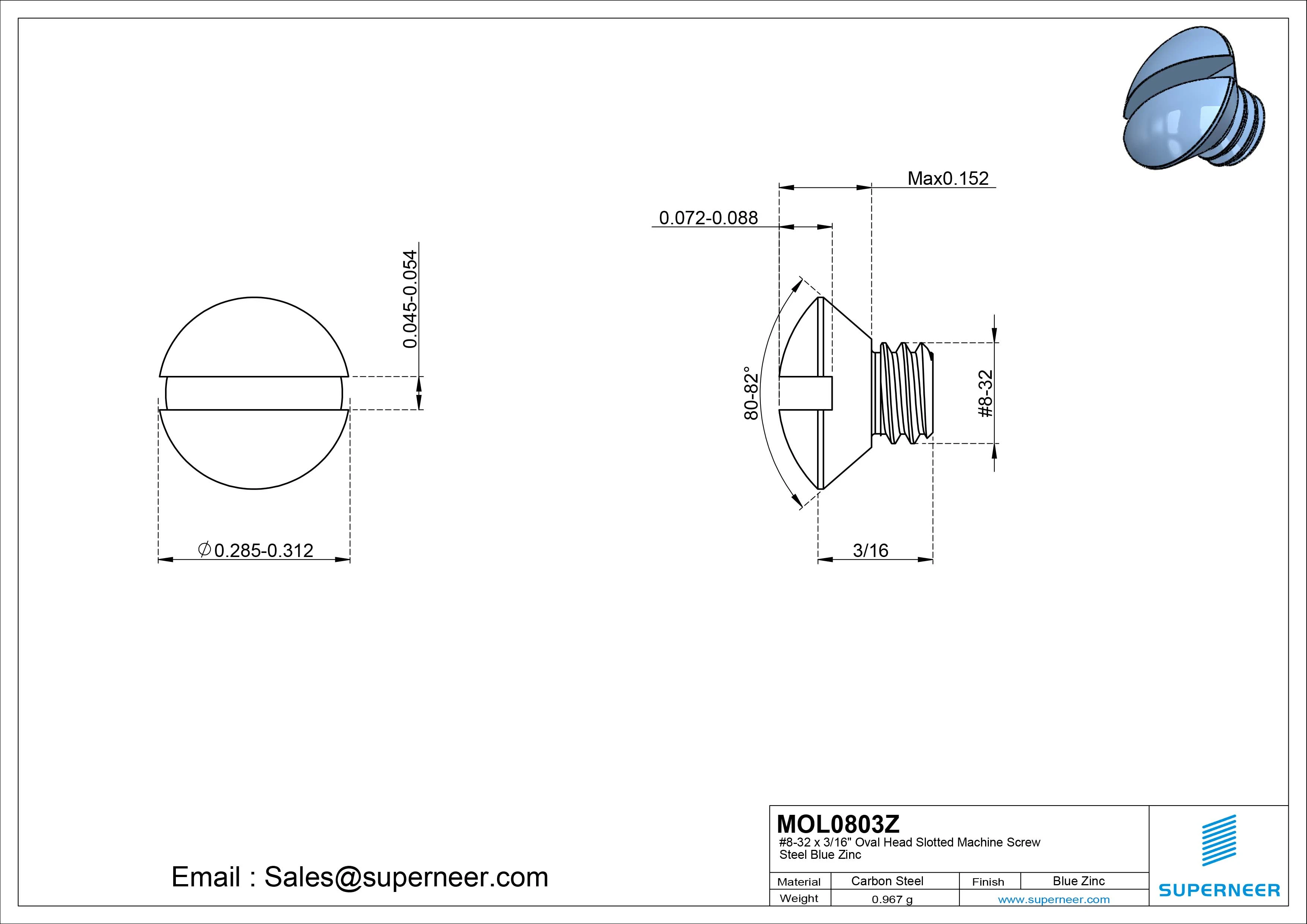 8-32 x 3/16" Oval Head Slotted Machine Screw Steel Blue Zinc Plated