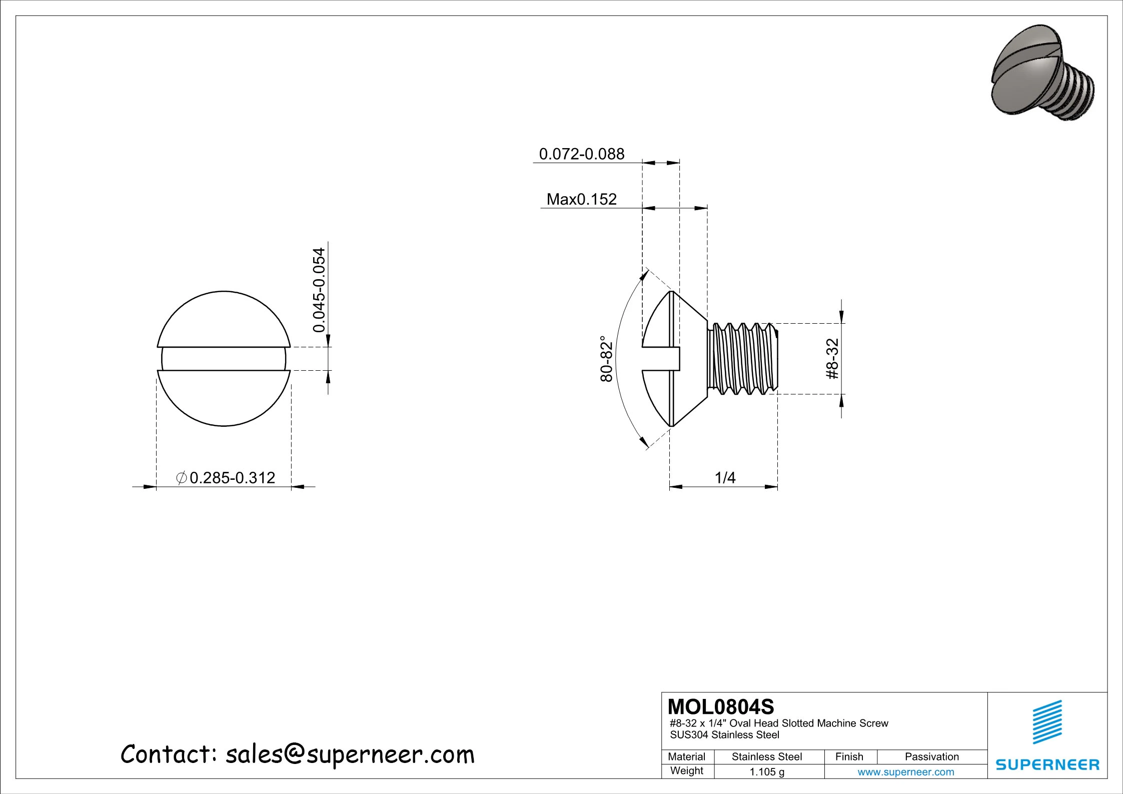 8-32 x 1/4" Oval Head Slotted Machine Screw SUS304 Stainless Steel Inox