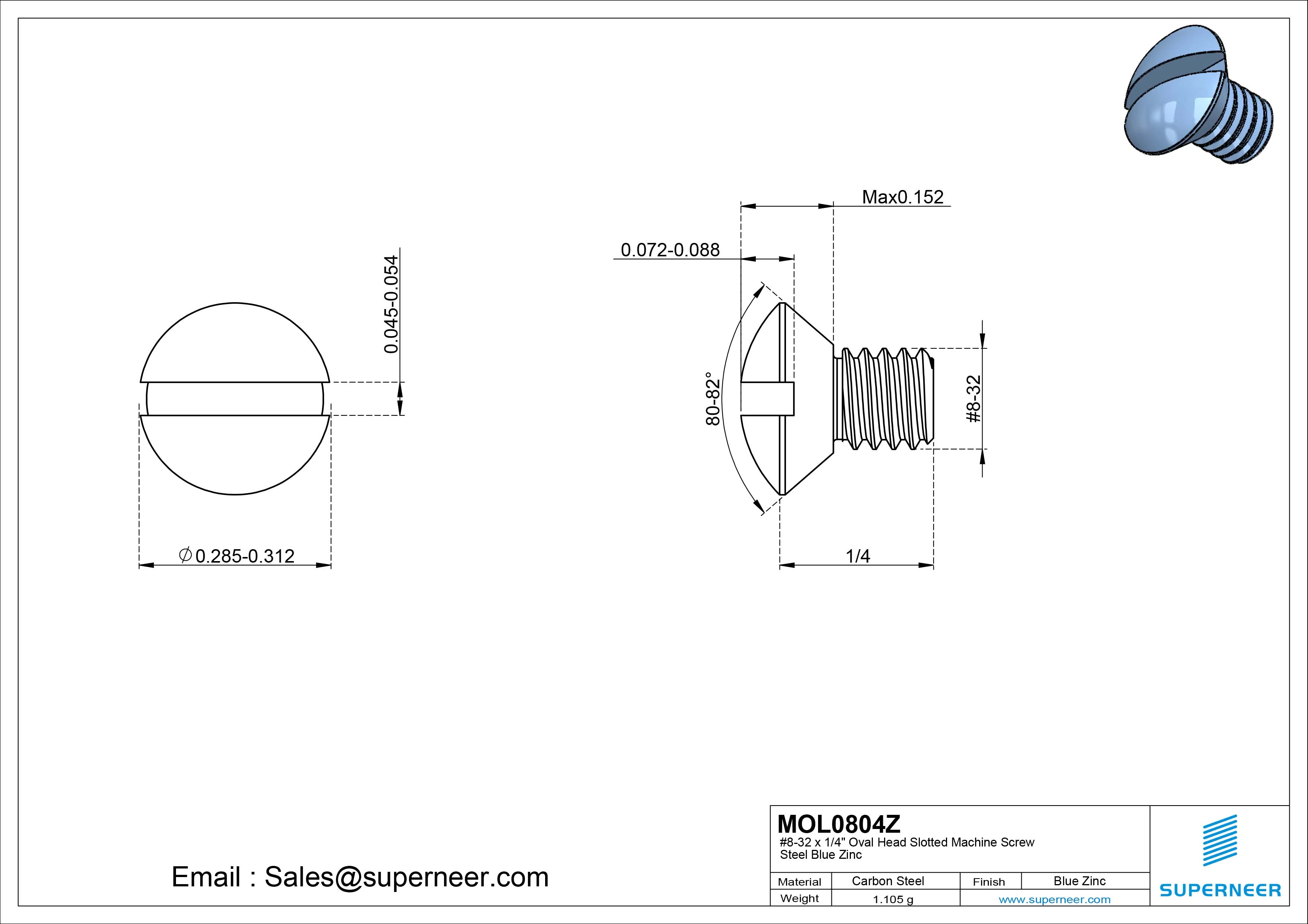 8-32 x 1/4" Oval Head Slotted Machine Screw Steel Blue Zinc Plated