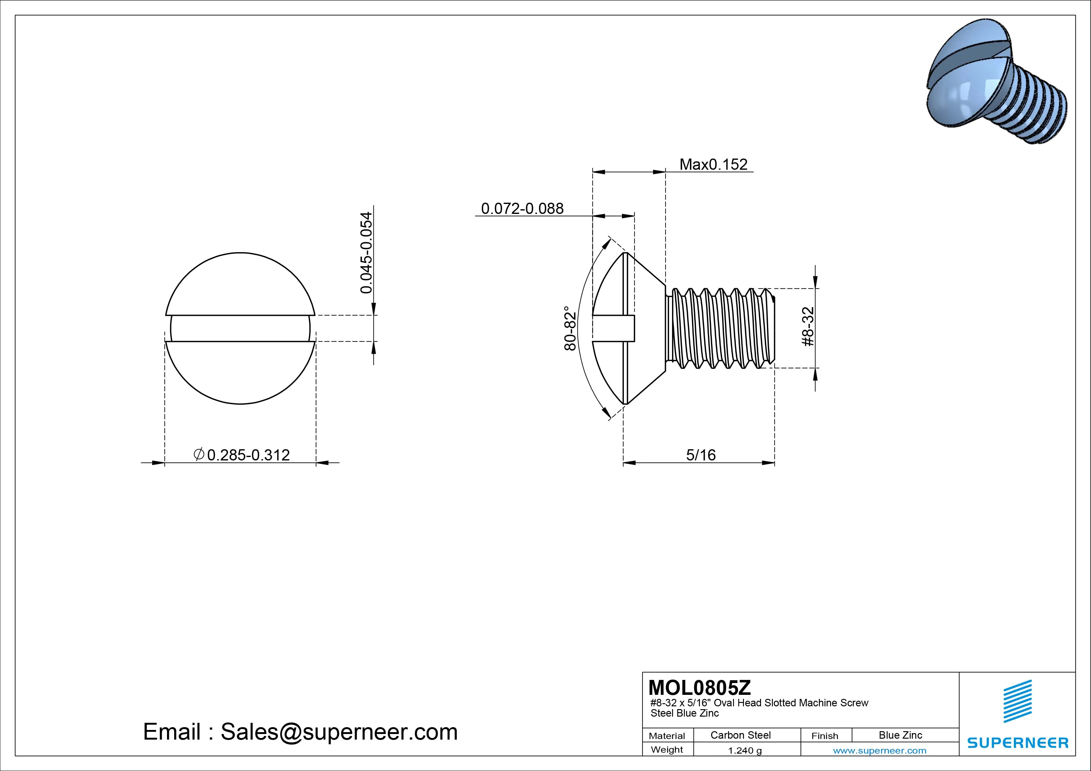 8-32 x 5/16" Oval Head Slotted Machine Screw Steel Blue Zinc Plated