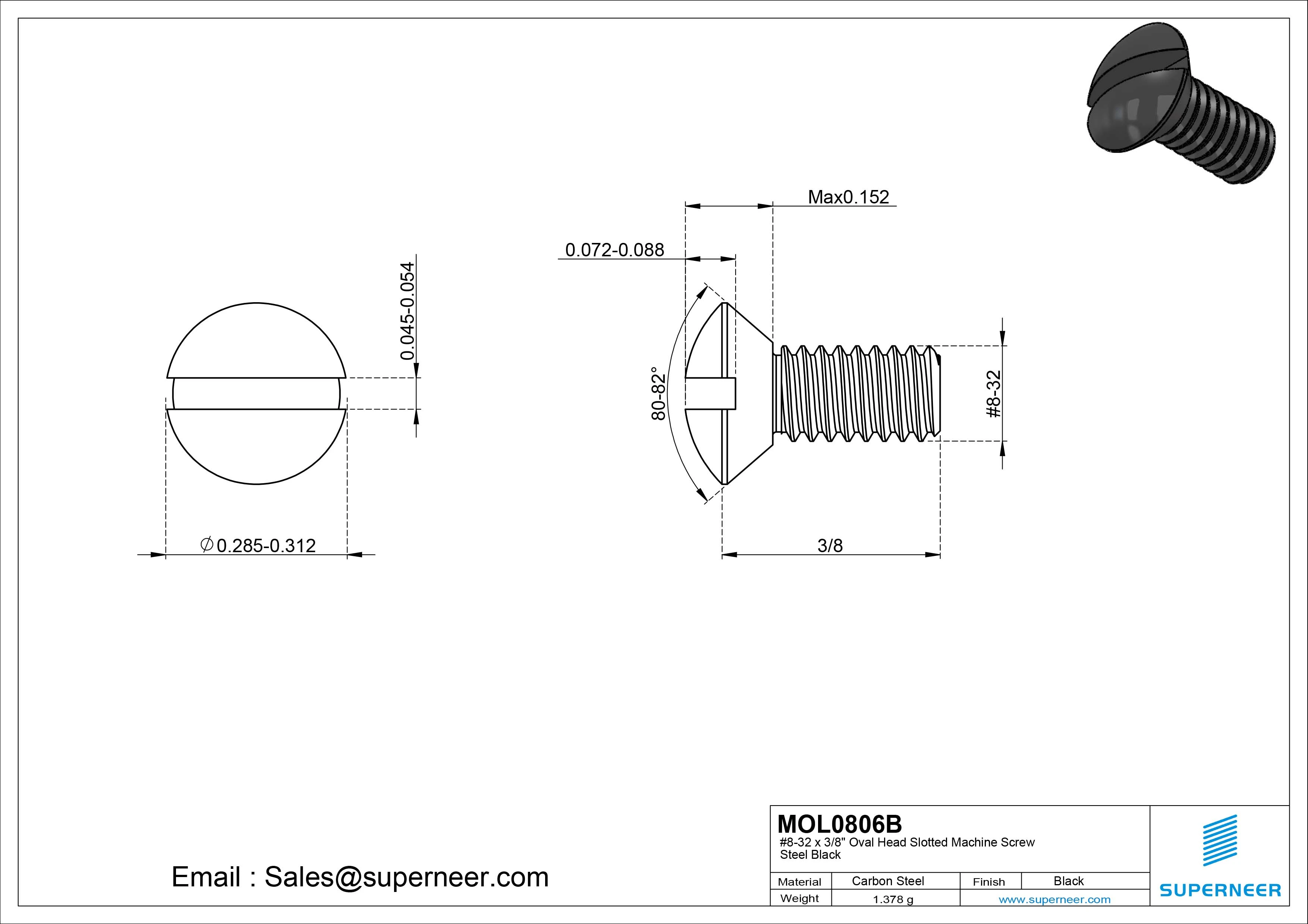 8-32 x 3/8" Oval Head Slotted Machine Screw Steel Black