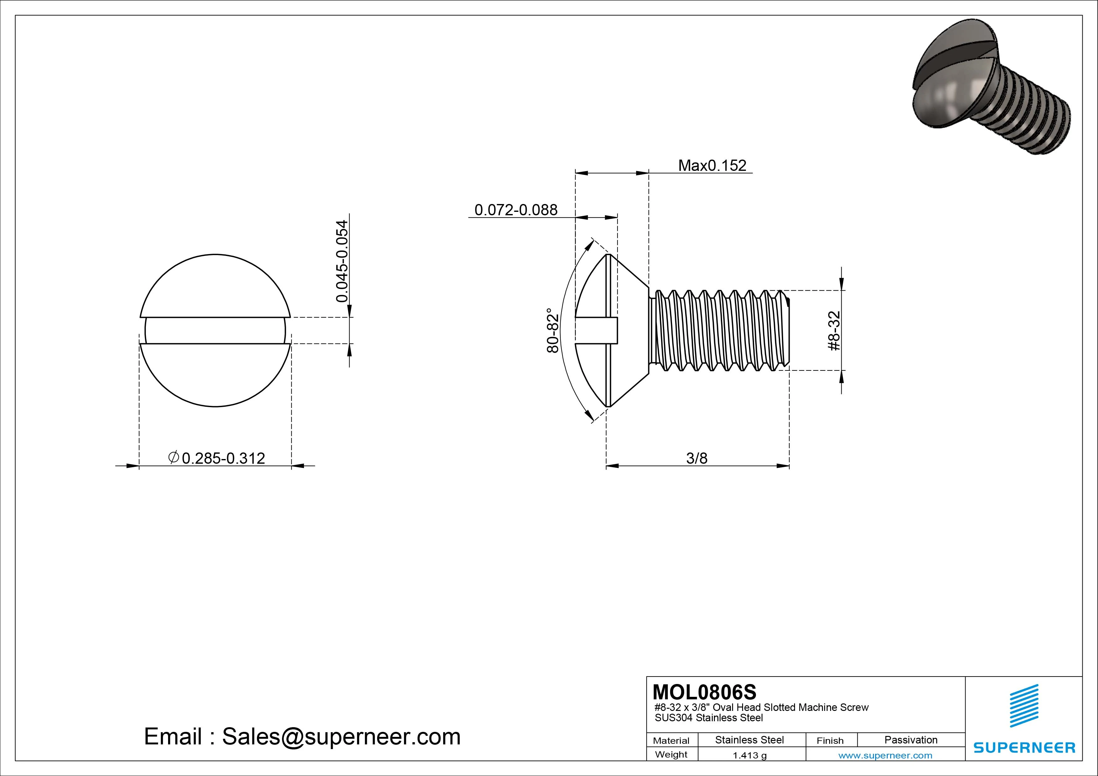 8-32 x 3/8" Oval Head Slotted Machine Screw SUS304 Stainless Steel Inox