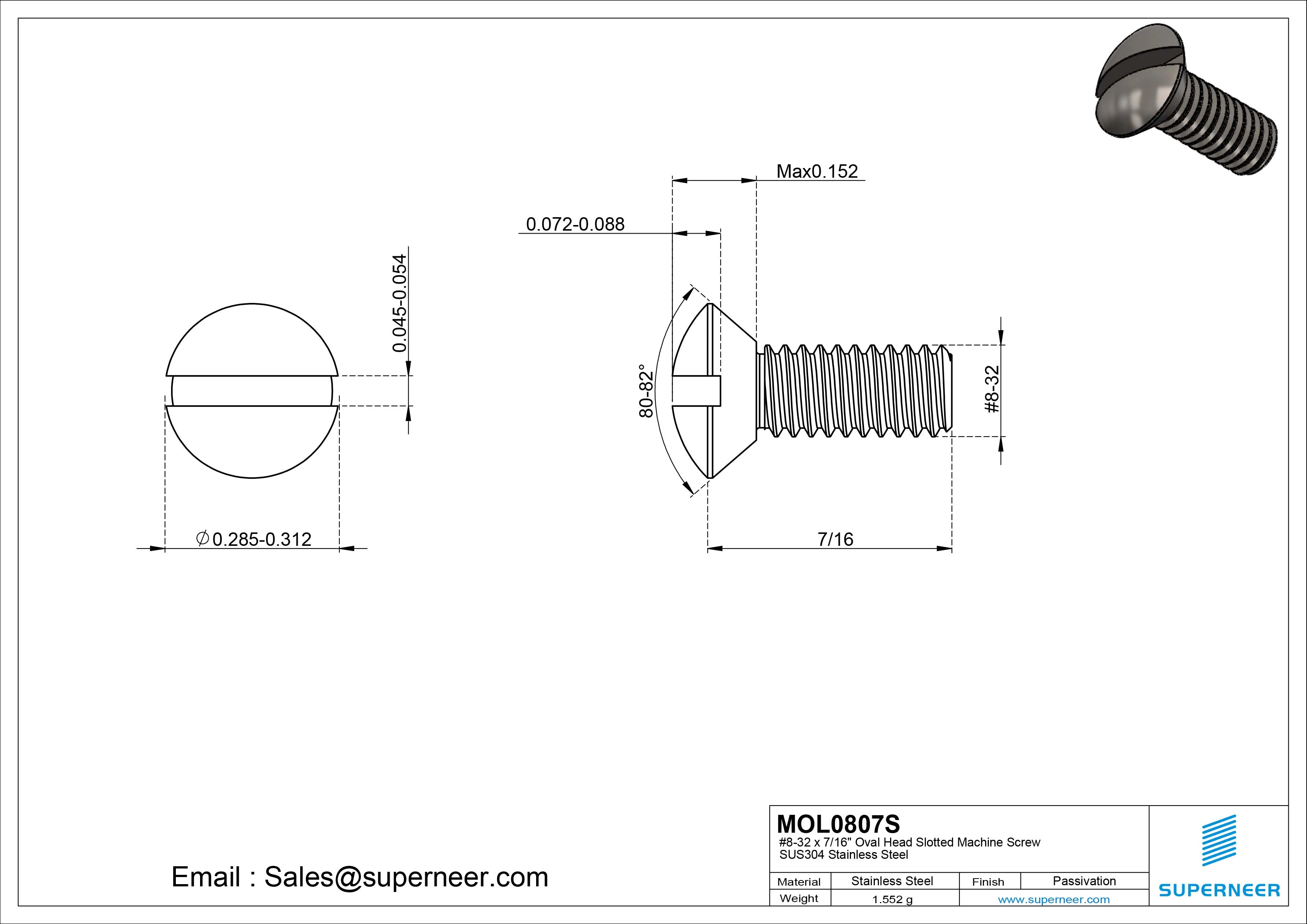 8-32 x 7/16" Oval Head Slotted Machine Screw SUS304 Stainless Steel Inox