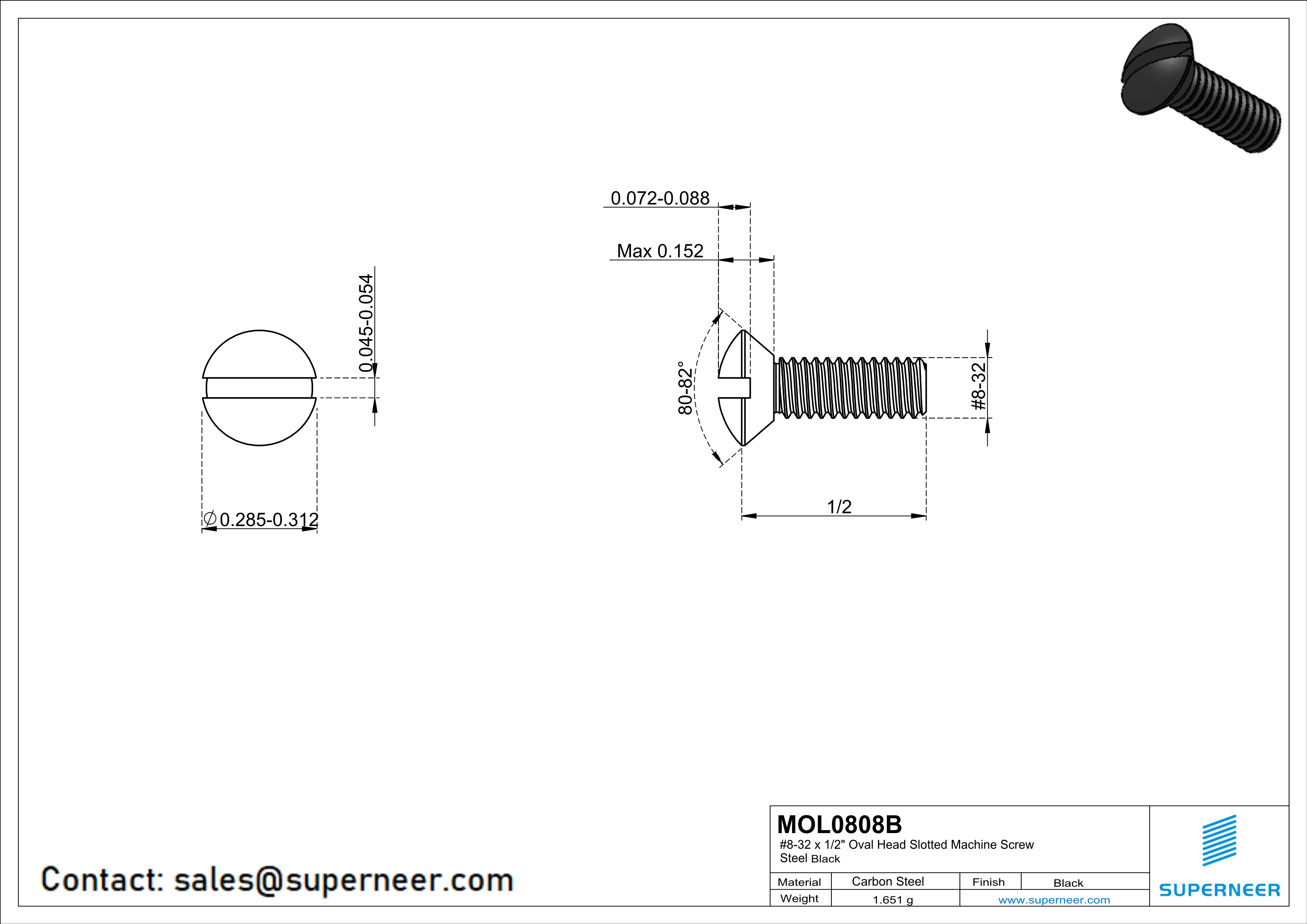 8-32 x 1/2" Oval Head Slotted Machine Screw Steel Black
