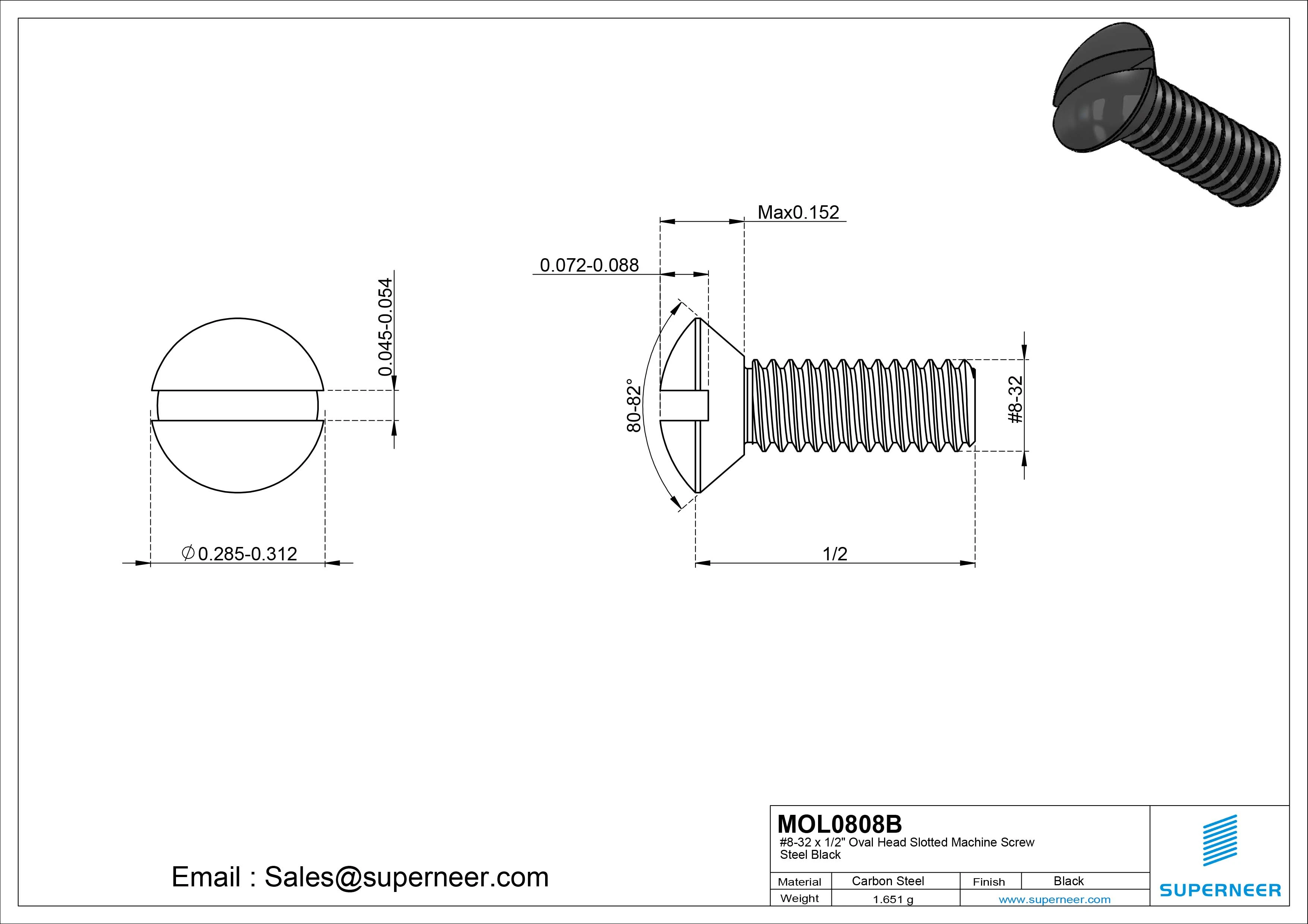 8-32 x 1/2" Oval Head Slotted Machine Screw Steel Black