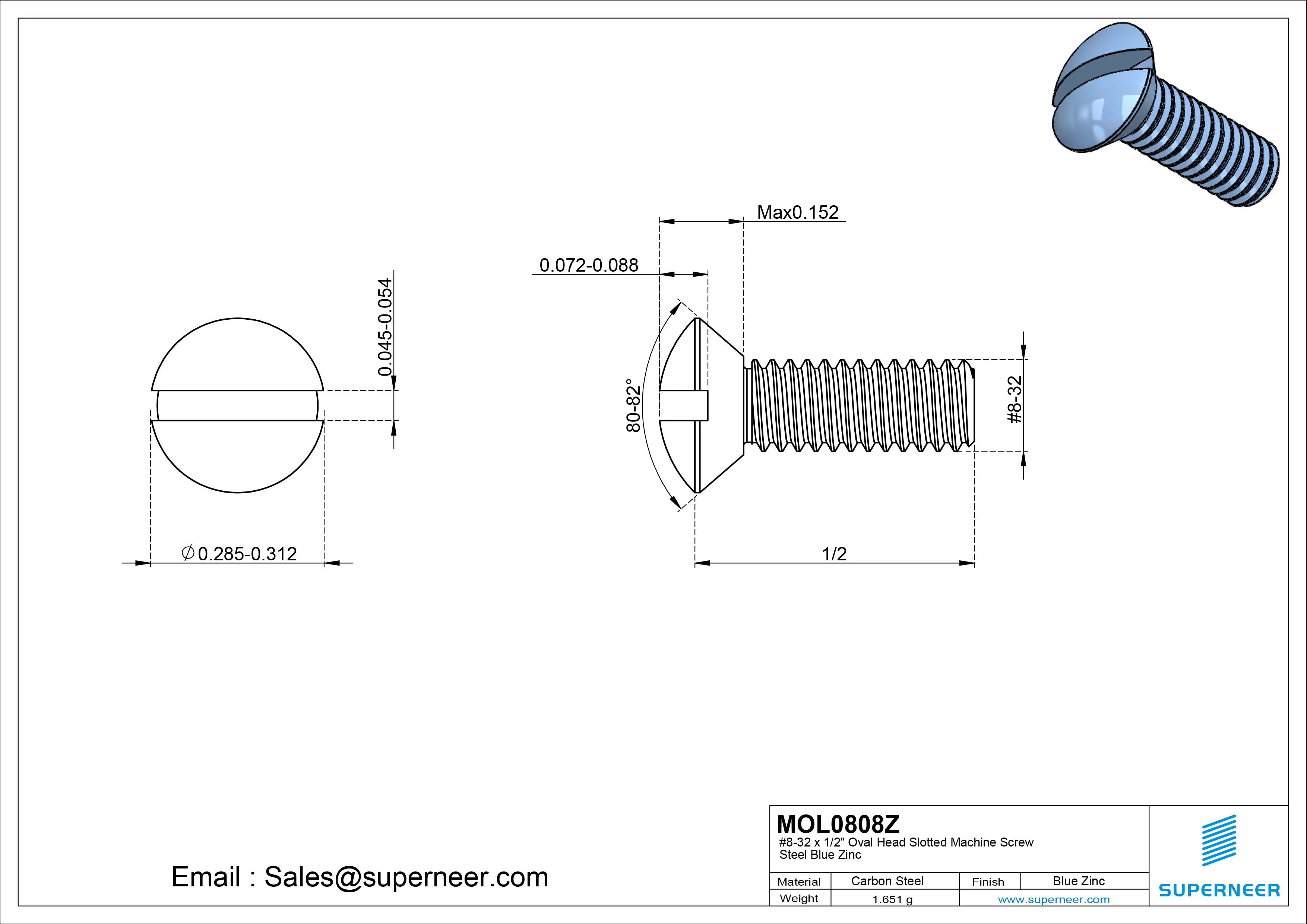 8-32 x 1/2" Oval Head Slotted Machine Screw Steel Blue Zinc Plated