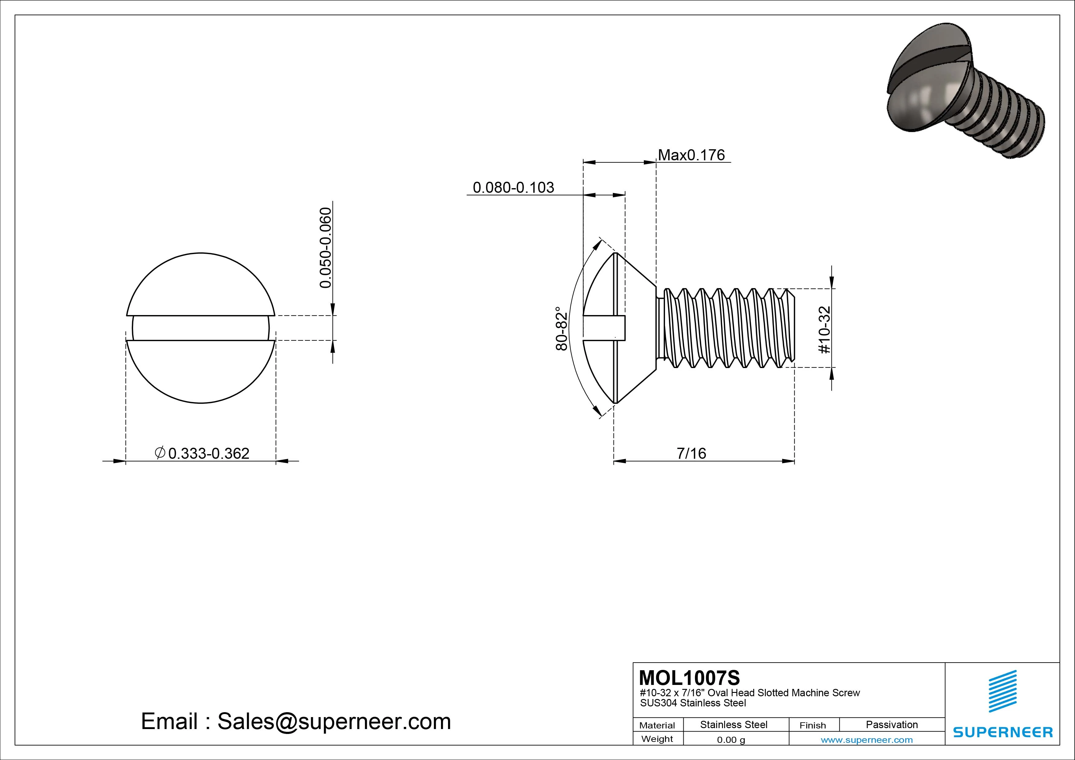 10-32 x 7/16" Oval Head Slotted Machine Screw SUS304 Stainless Steel Inox