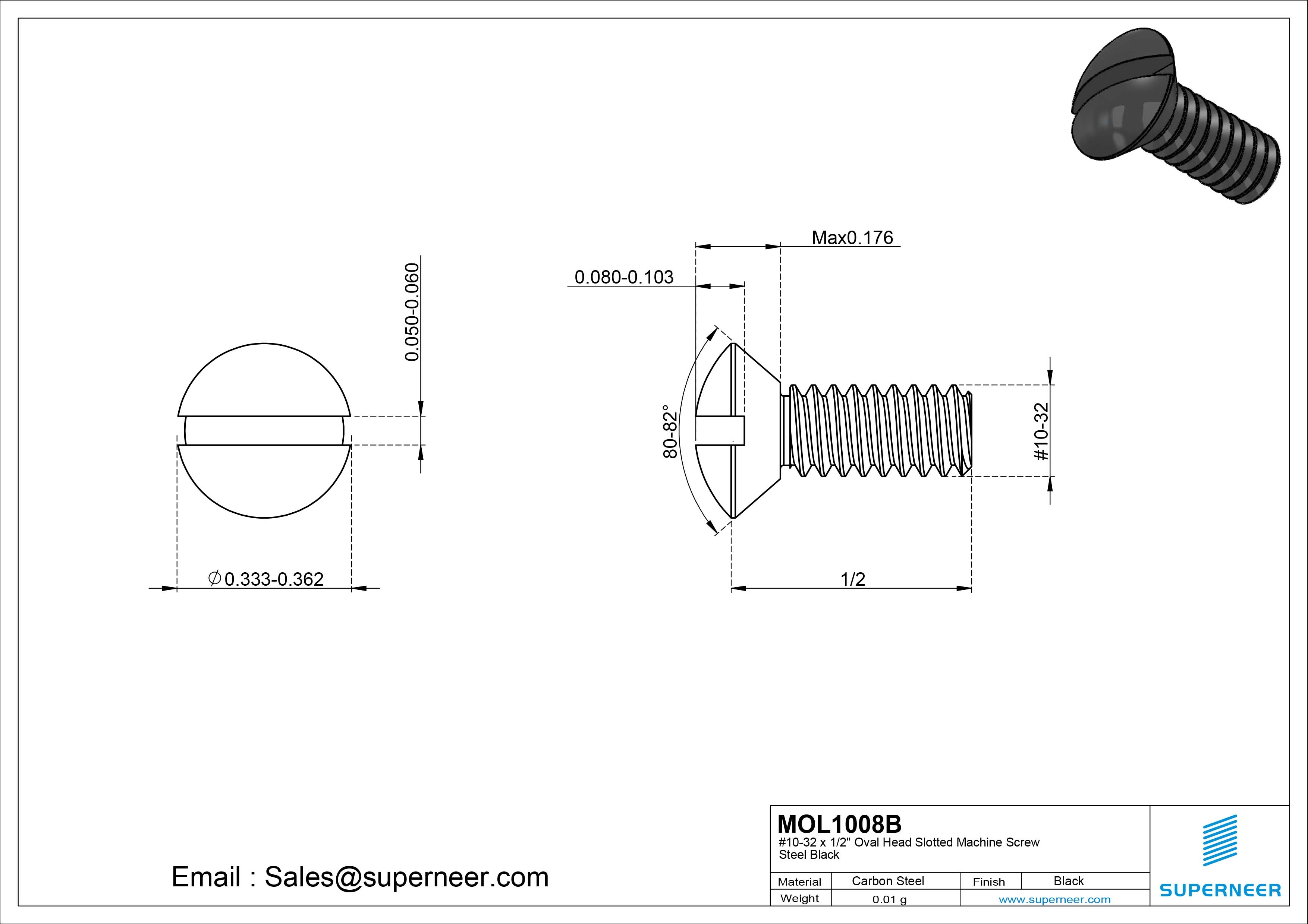 10-32 x 1/2" Oval Head Slotted Machine Screw Steel Black