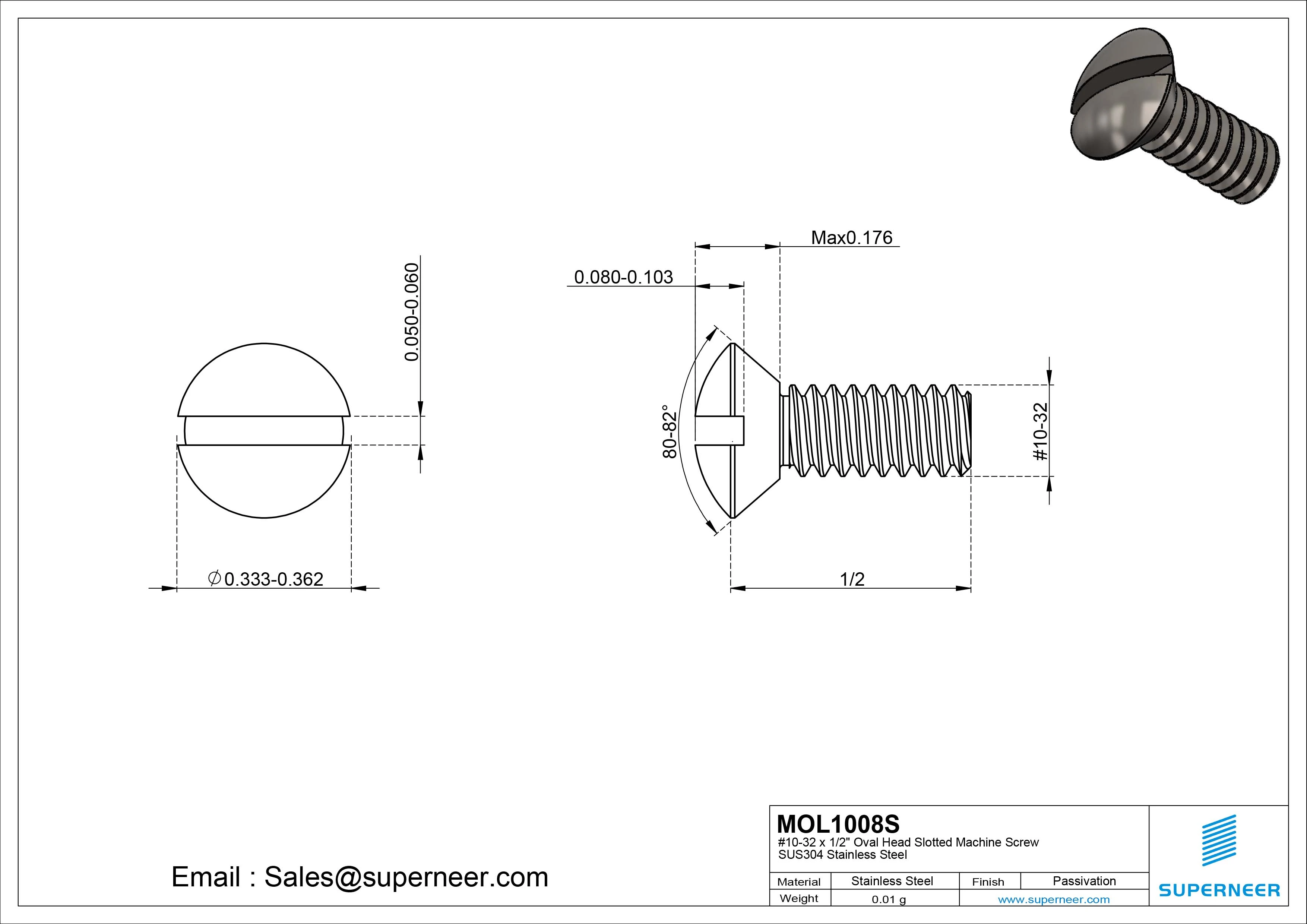 10-32 x 1/2" Oval Head Slotted Machine Screw SUS304 Stainless Steel Inox
