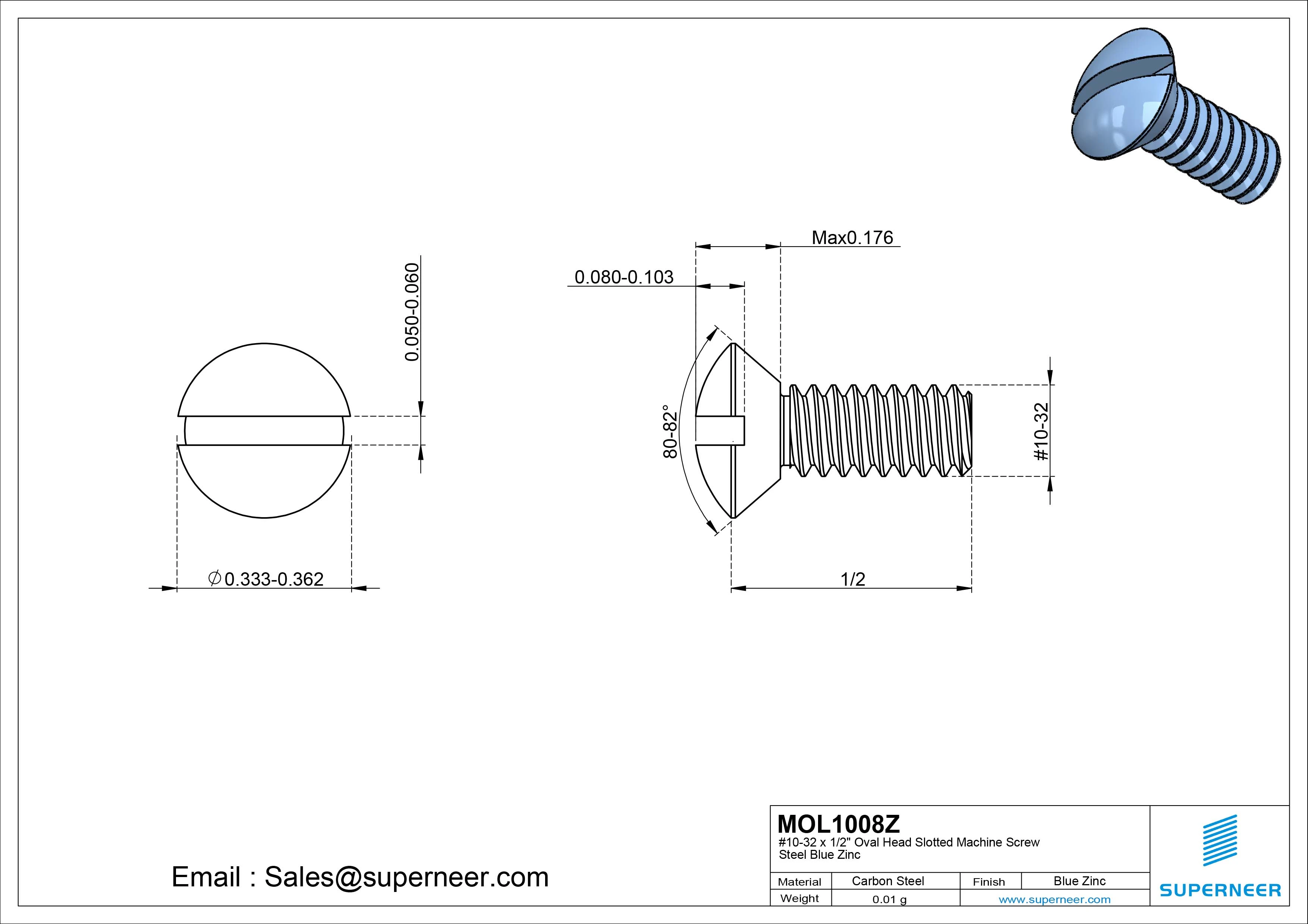 10-32 x 1/2" Oval Head Slotted Machine Screw Steel Blue Zinc Plated