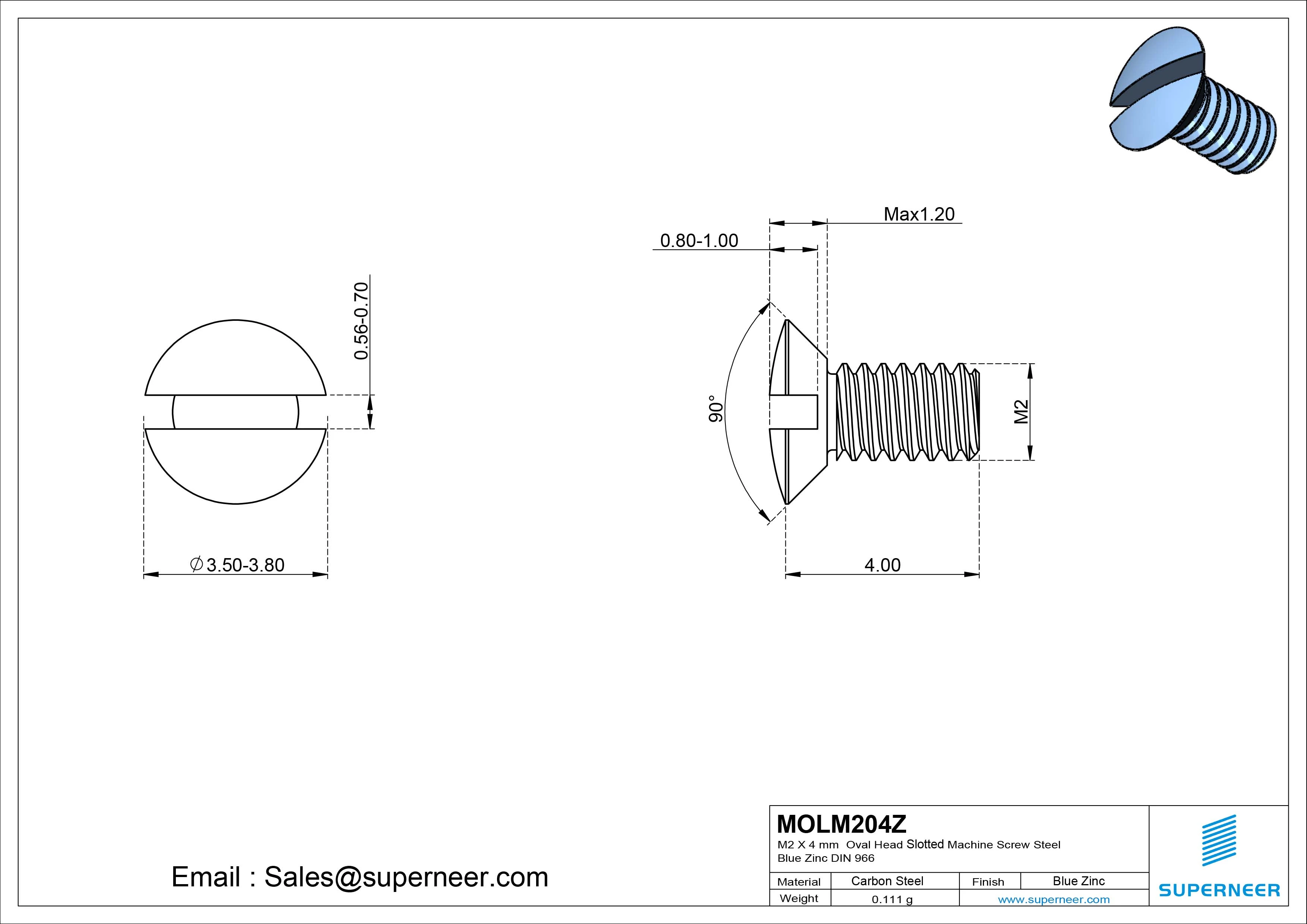 M2 x 4 mm Oval Head Slotted Machine Screw Steel Blue Zinc Plated DIN 964