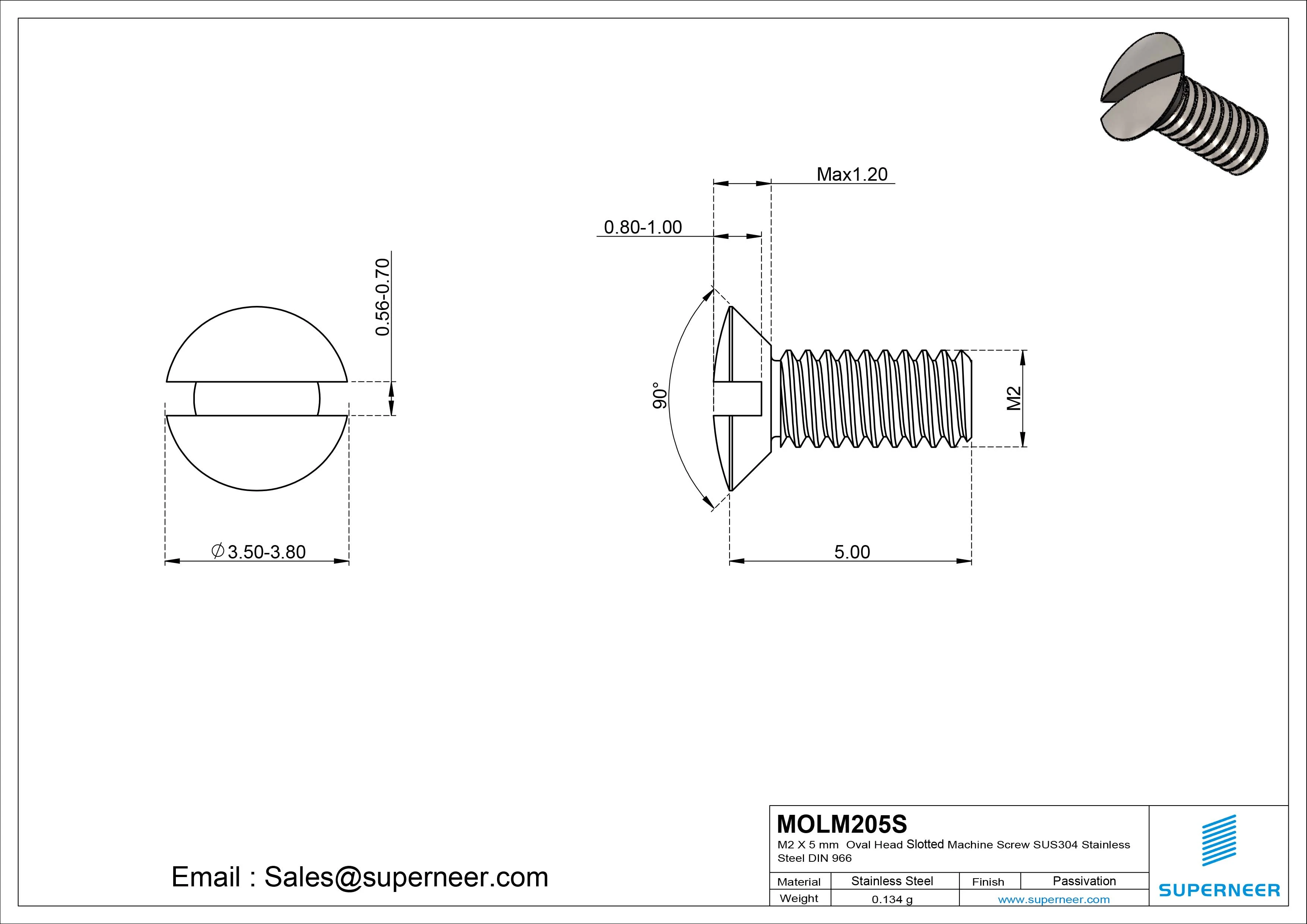 M2 x 5 mm Oval Head Slotted Machine Screw SUS304 Stainless Steel Inox DIN 964
