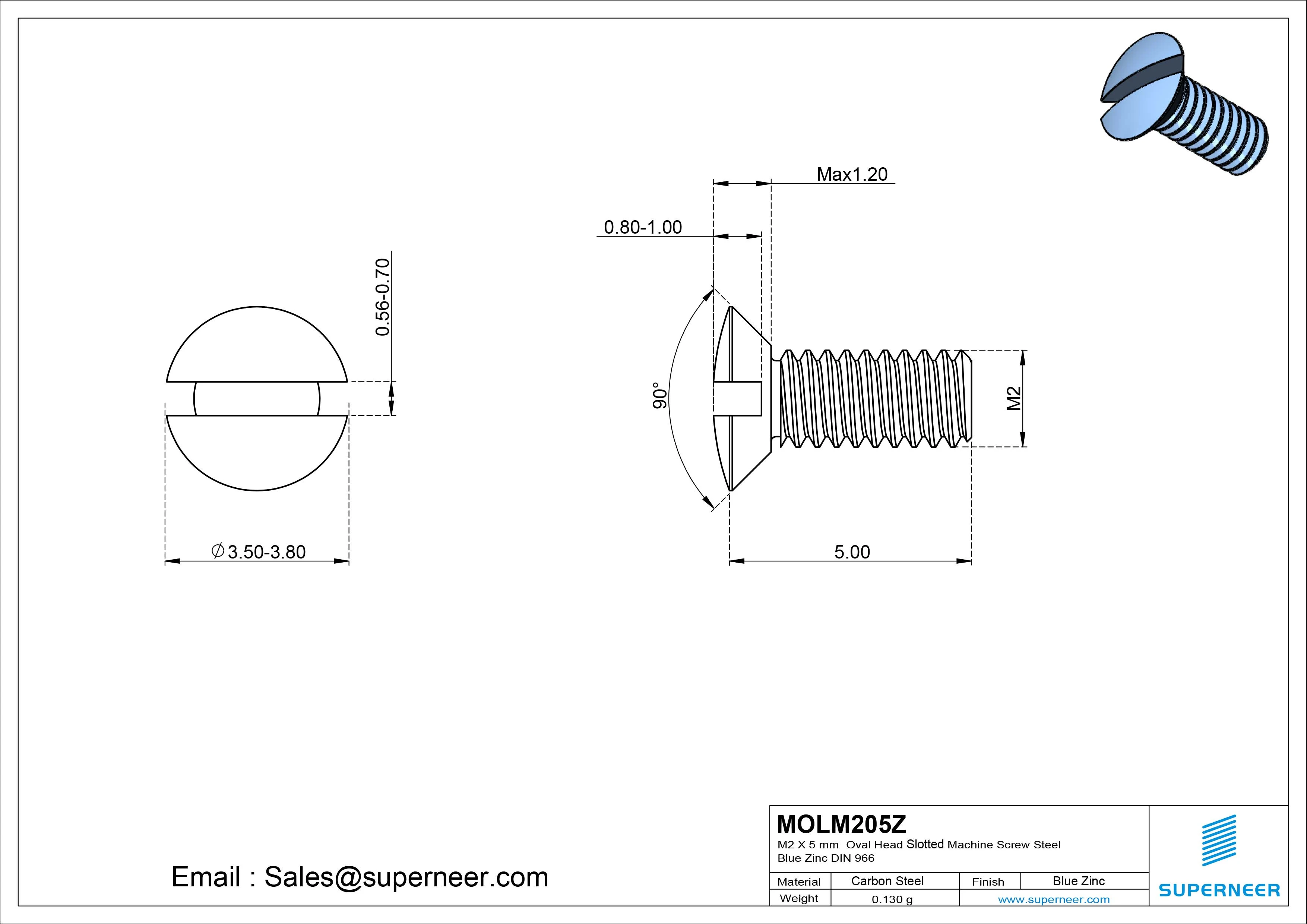 M2 x 5 mm Oval Head Slotted Machine Screw Steel Blue Zinc Plated DIN 964