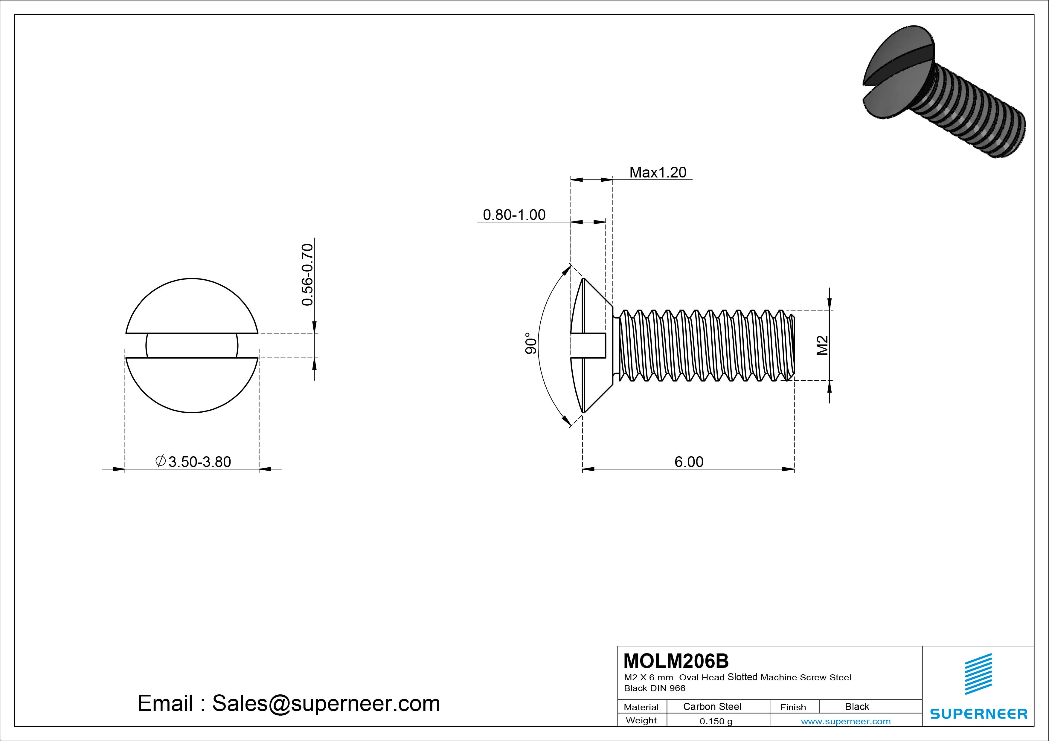M2 x 6 mm Oval Head Slotted Machine Screw Steel Black DIN 964