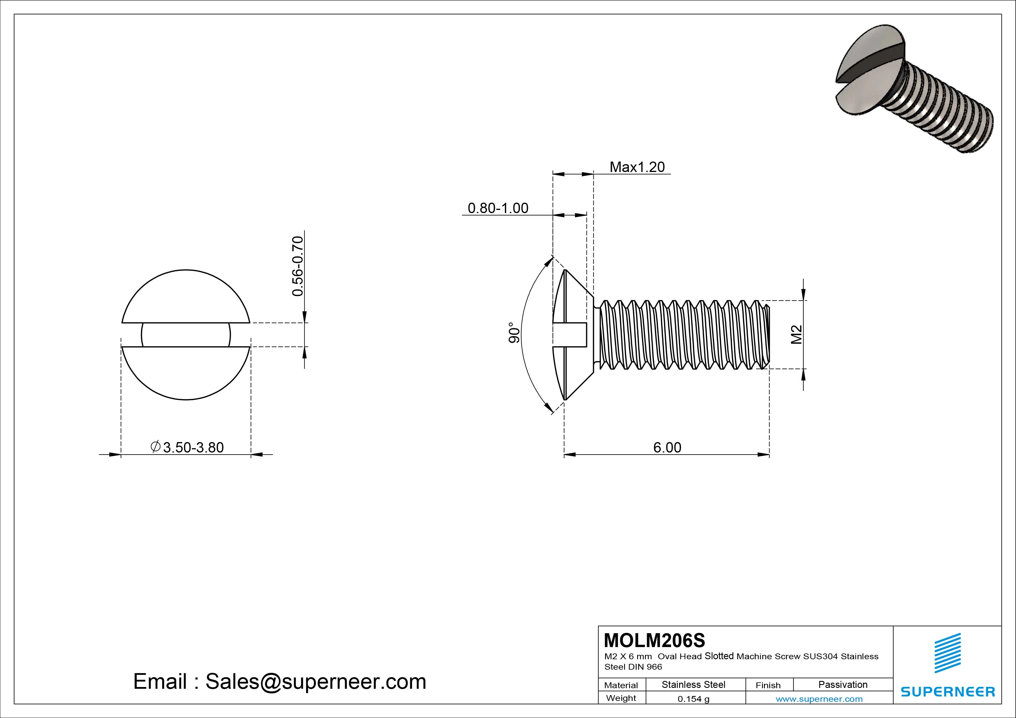 M2 x 6 mm Oval Head Slotted Machine Screw SUS304 Stainless Steel Inox DIN 964