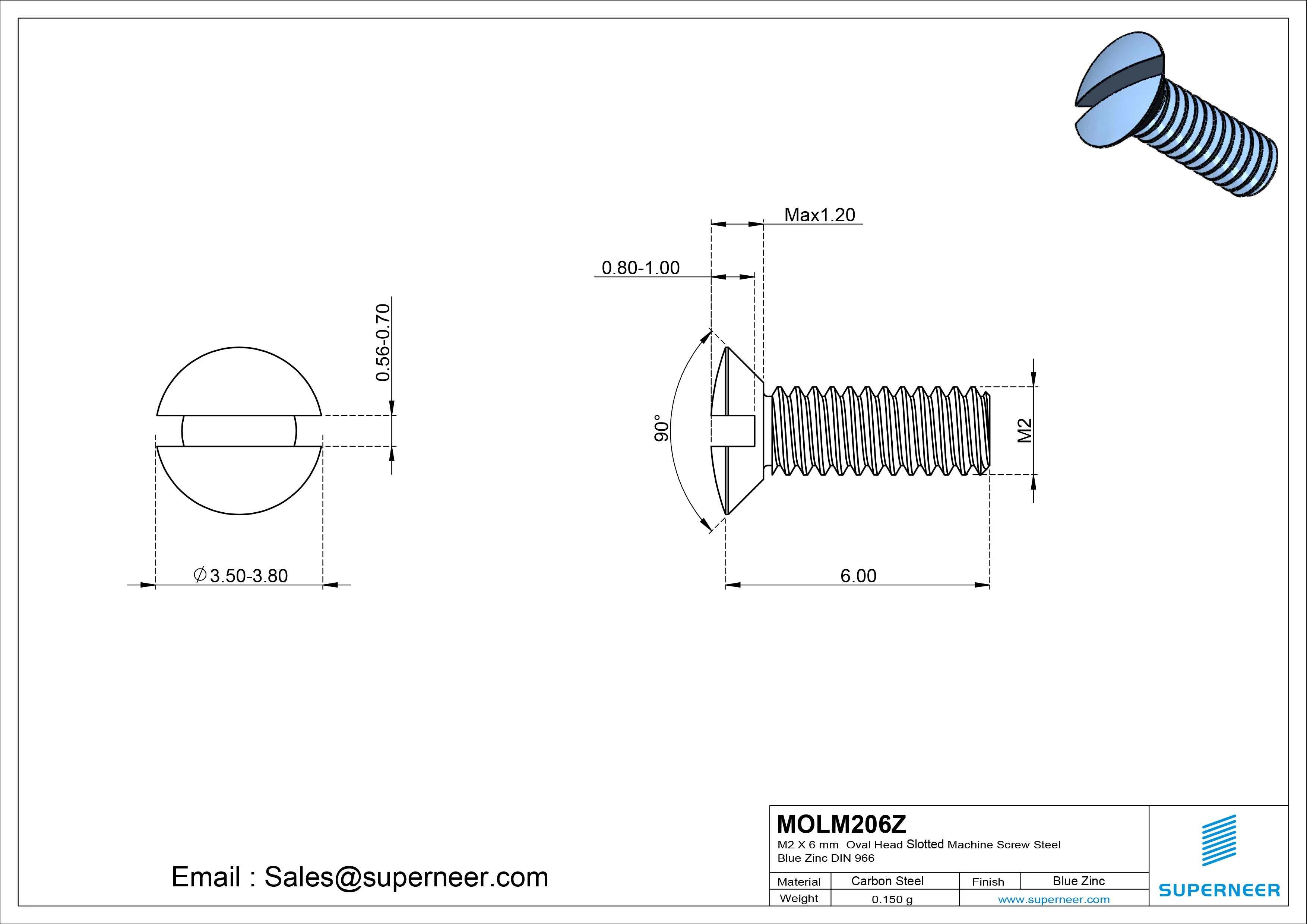 M2 x 6 mm Oval Head Slotted Machine Screw Steel Blue Zinc Plated DIN 964