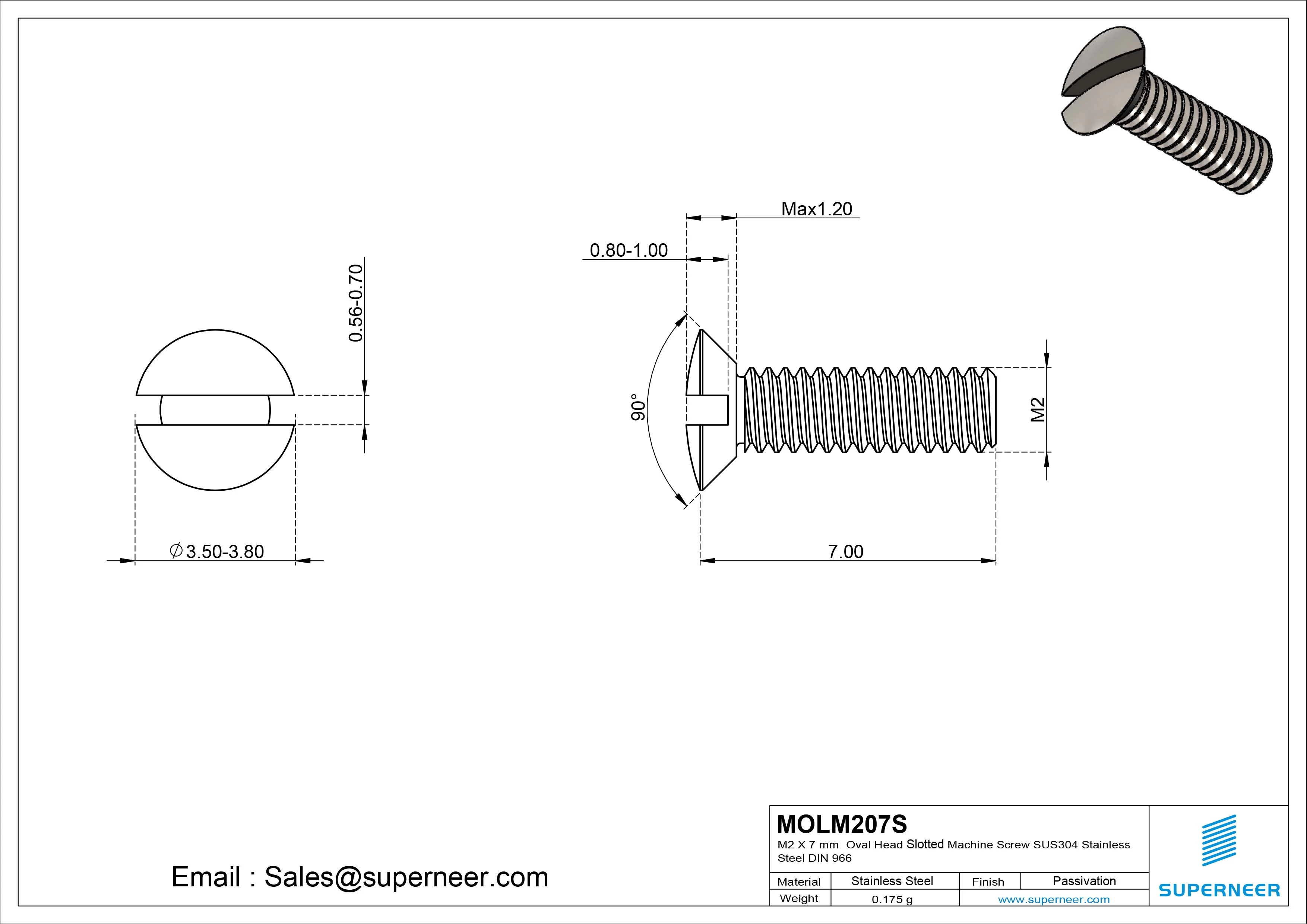 M2 x 7 mm Oval Head Slotted Machine Screw SUS304 Stainless Steel Inox DIN 964