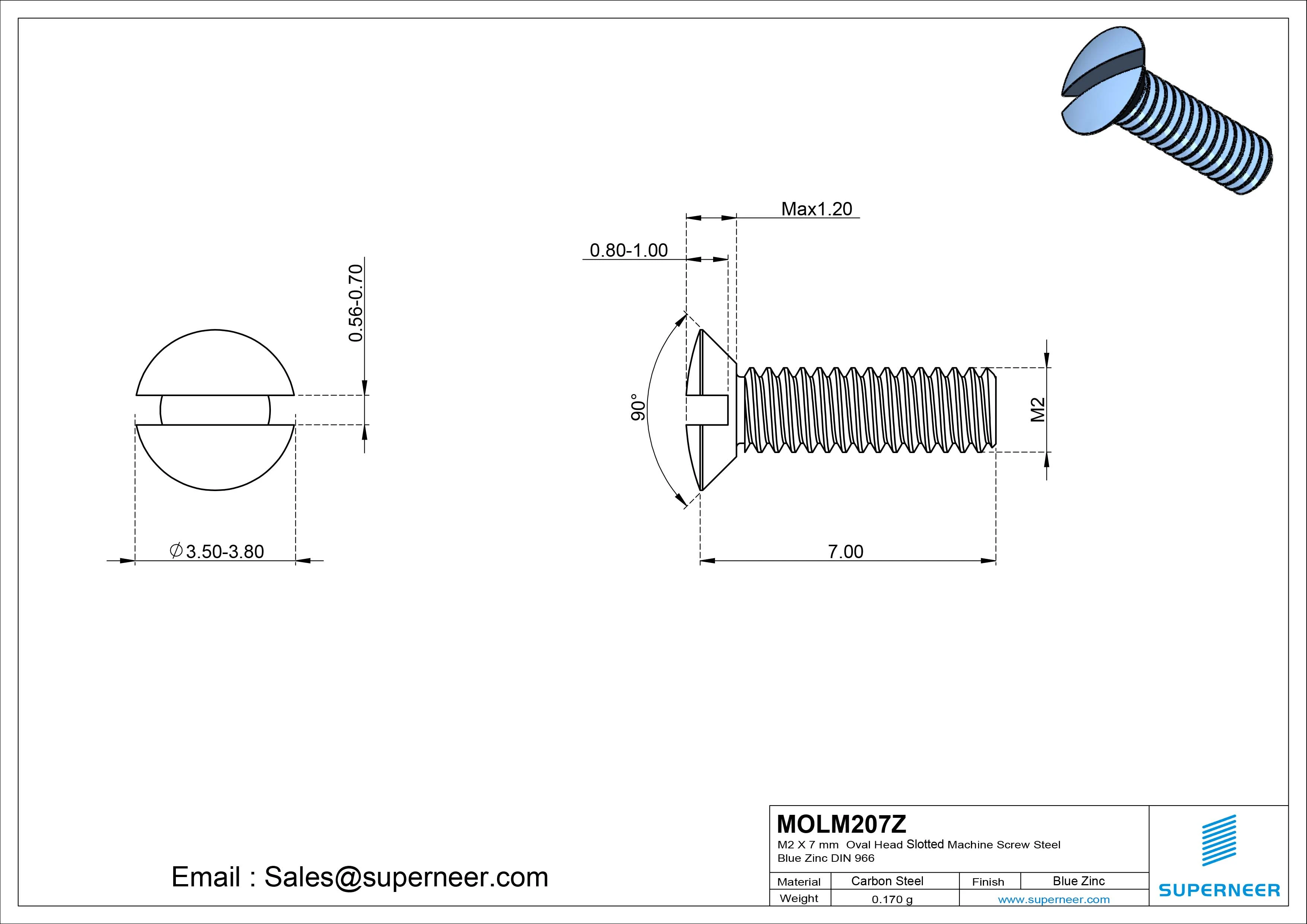 M2 x 7 mm Oval Head Slotted Machine Screw Steel Blue Zinc Plated DIN 964