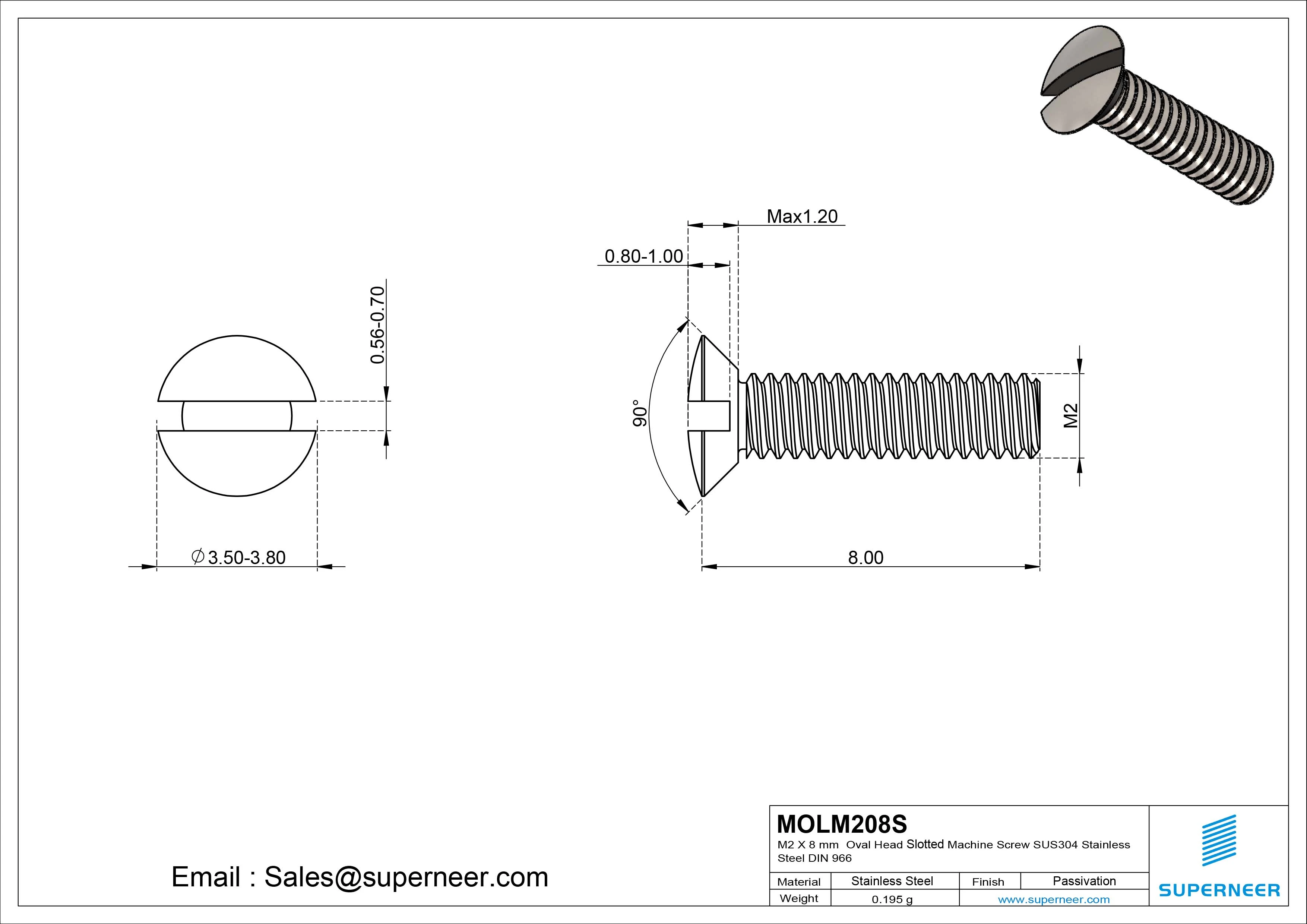M2 x 8 mm Oval Head Slotted Machine Screw SUS304 Stainless Steel Inox DIN 964