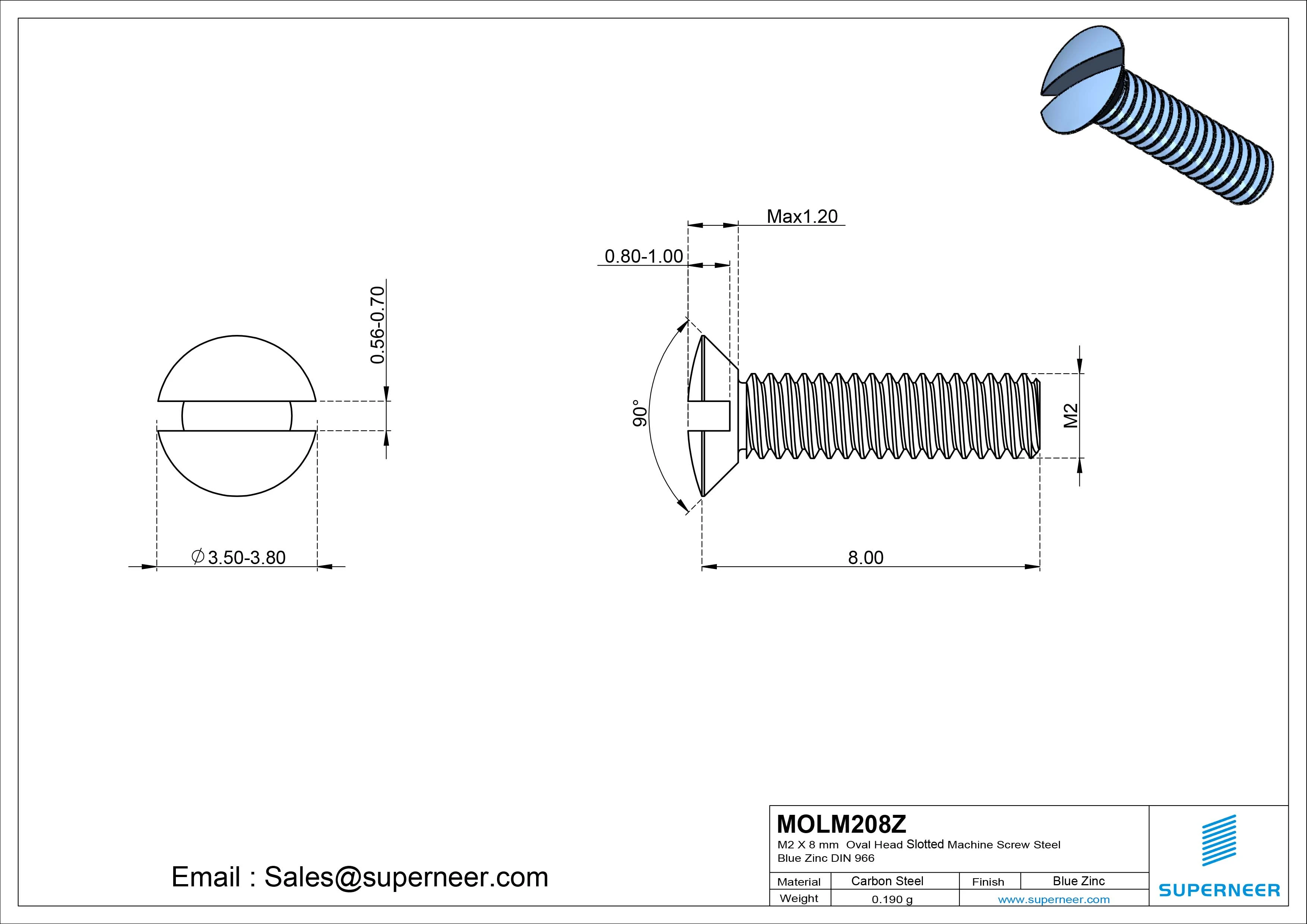 M2 x 8 mm Oval Head Slotted Machine Screw Steel Blue Zinc Plated DIN 964