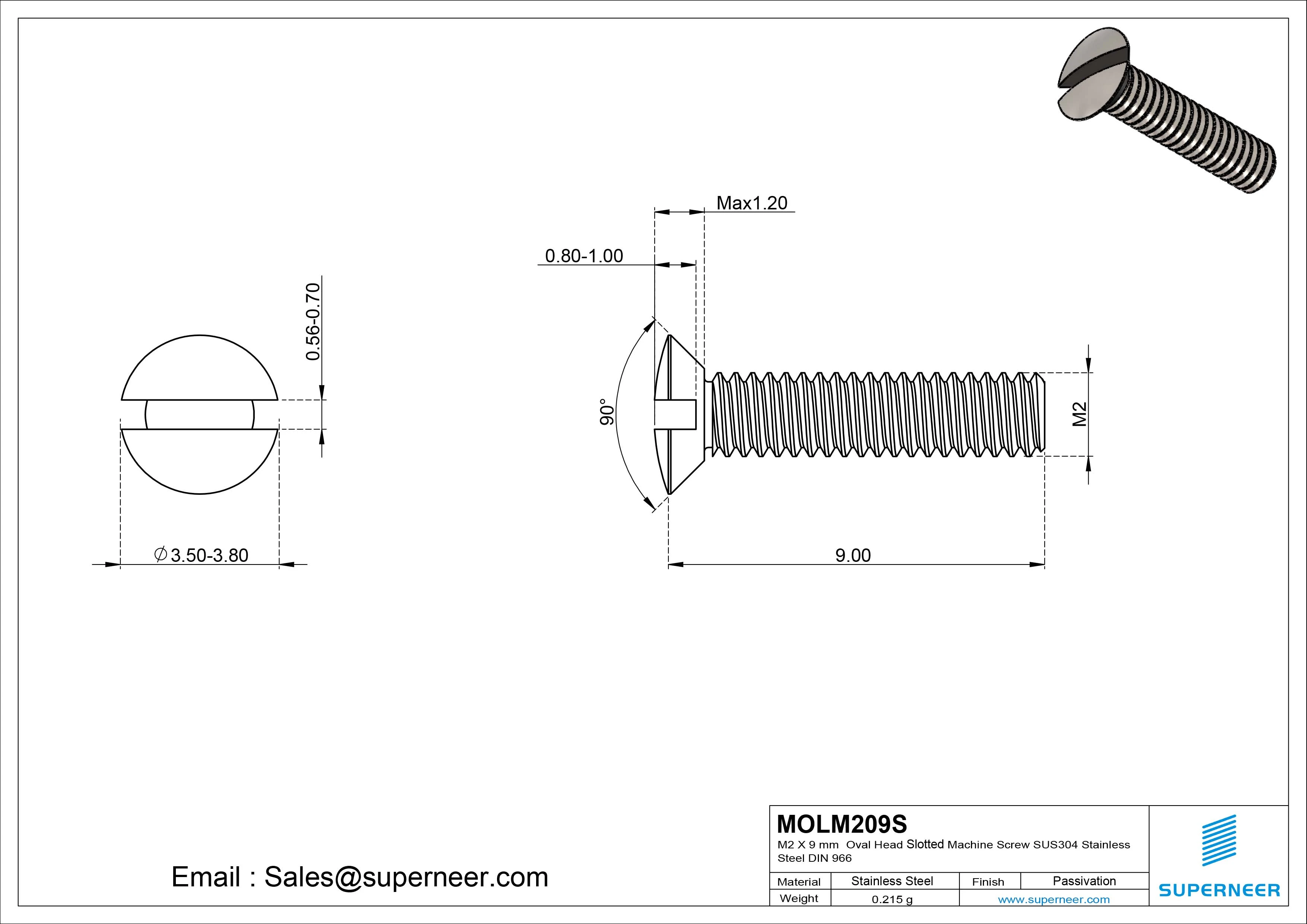 M2 x 9 mm Oval Head Slotted Machine Screw SUS304 Stainless Steel Inox DIN 964