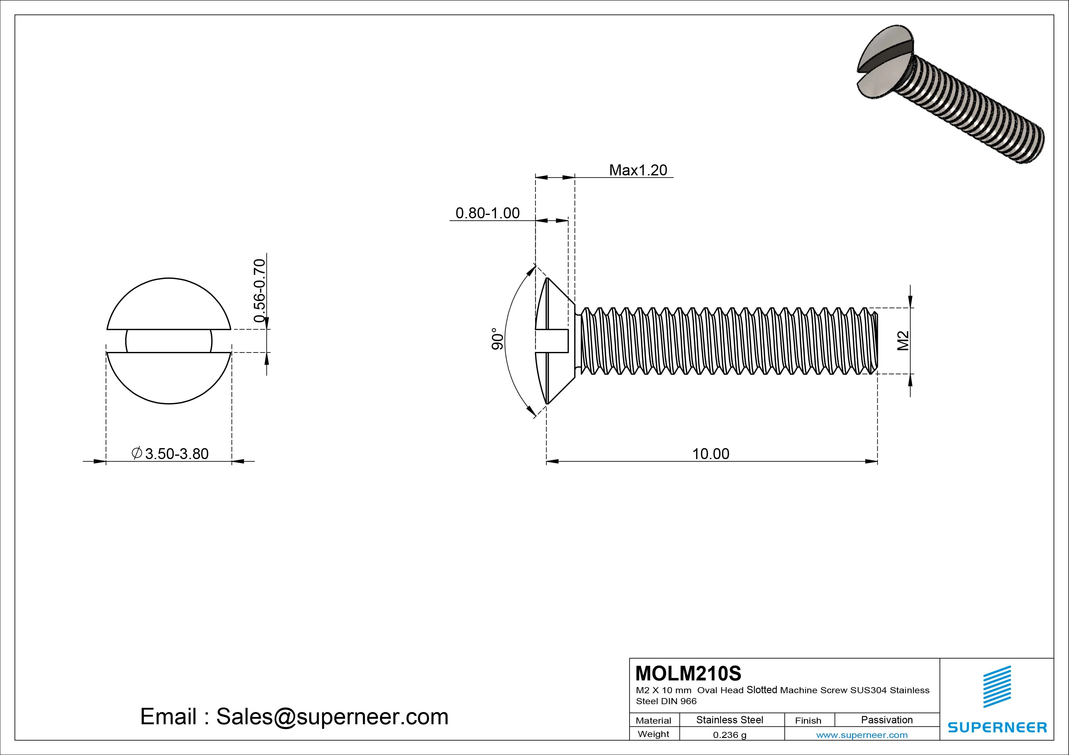 M2 x 10 mm Oval Head Slotted Machine Screw SUS304 Stainless Steel Inox DIN 964