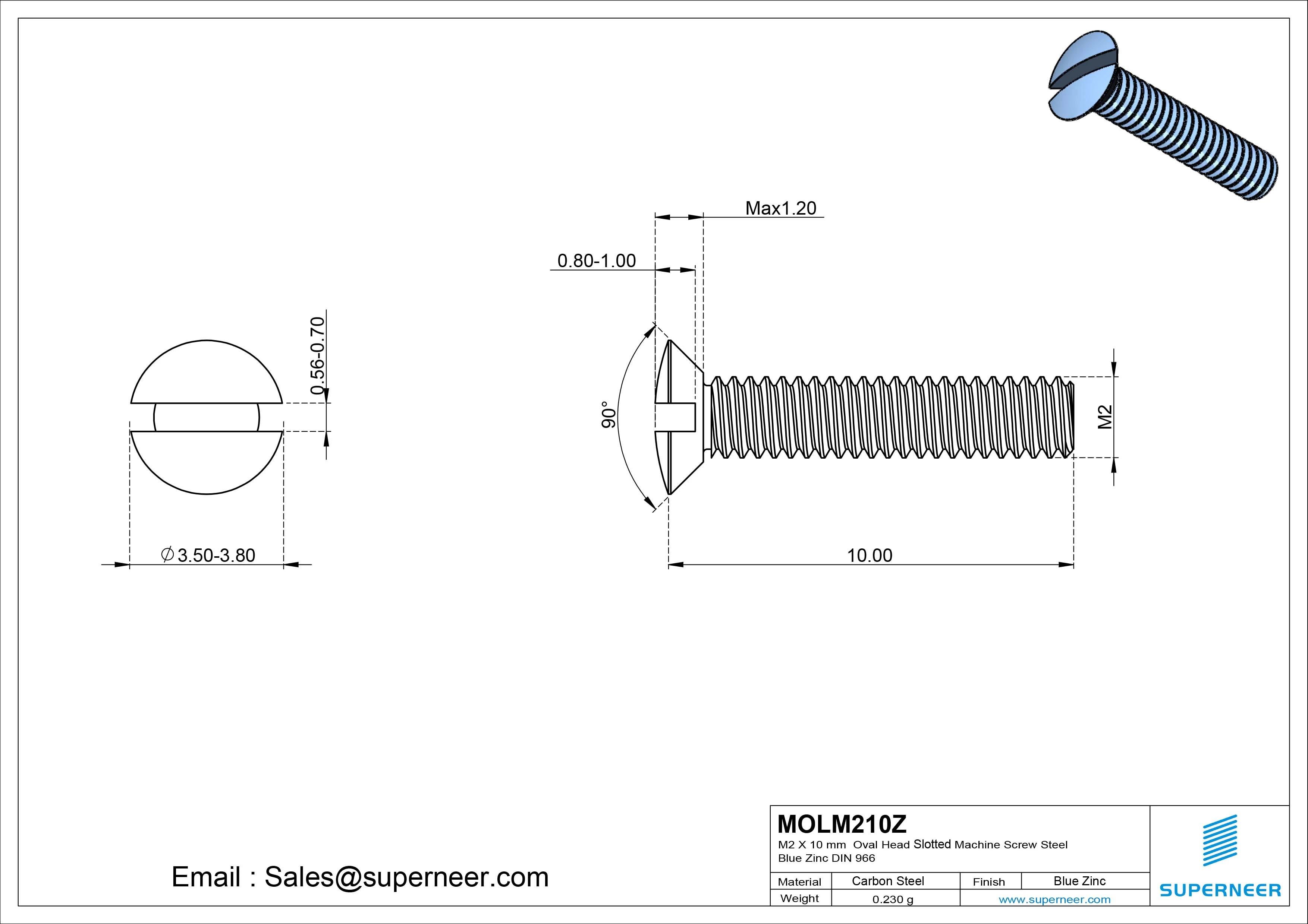 M2 x 10 mm Oval Head Slotted Machine Screw Steel Blue Zinc Plated DIN 964