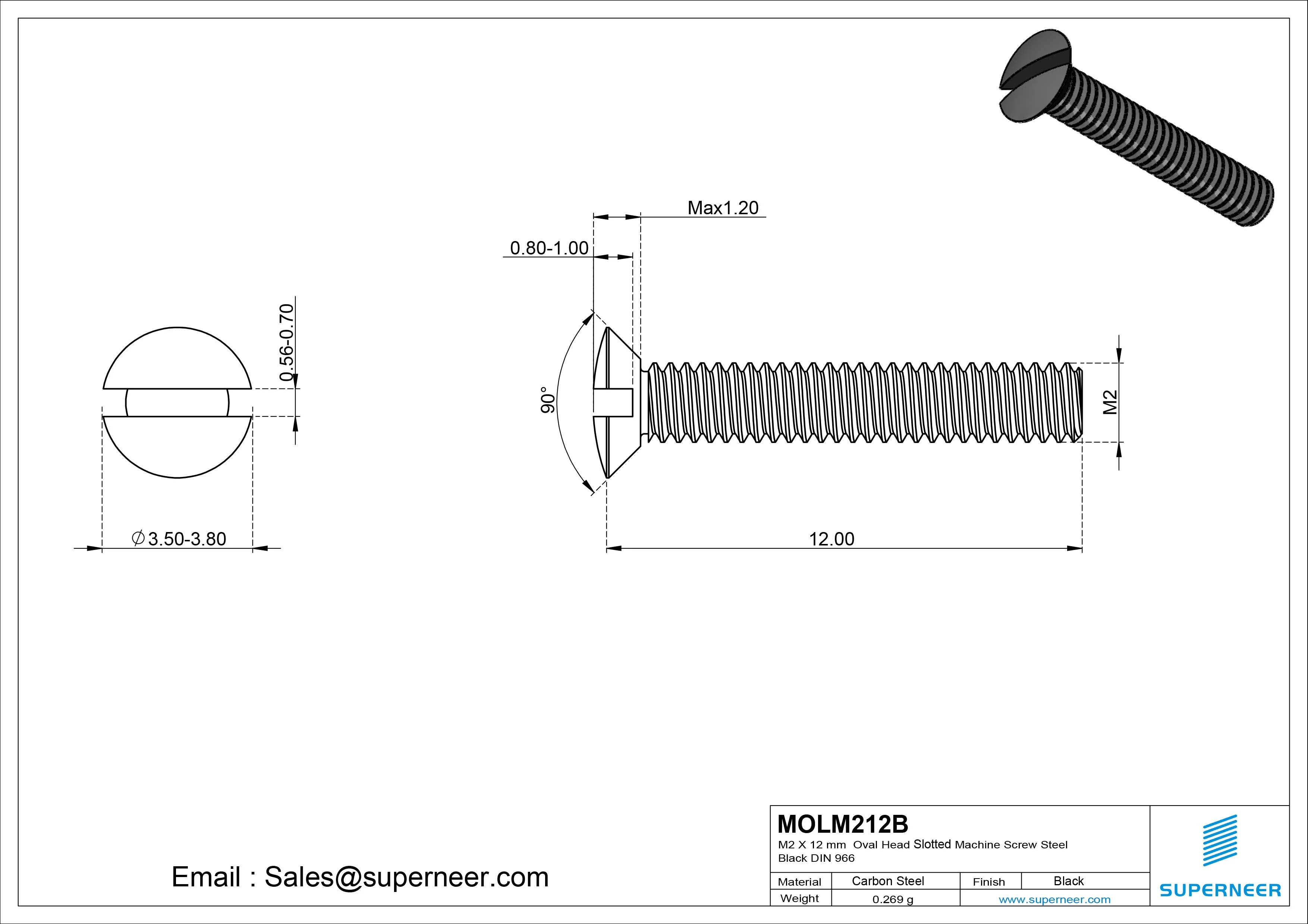 M2 x 12 mm Oval Head Slotted Machine Screw Steel Black DIN 964