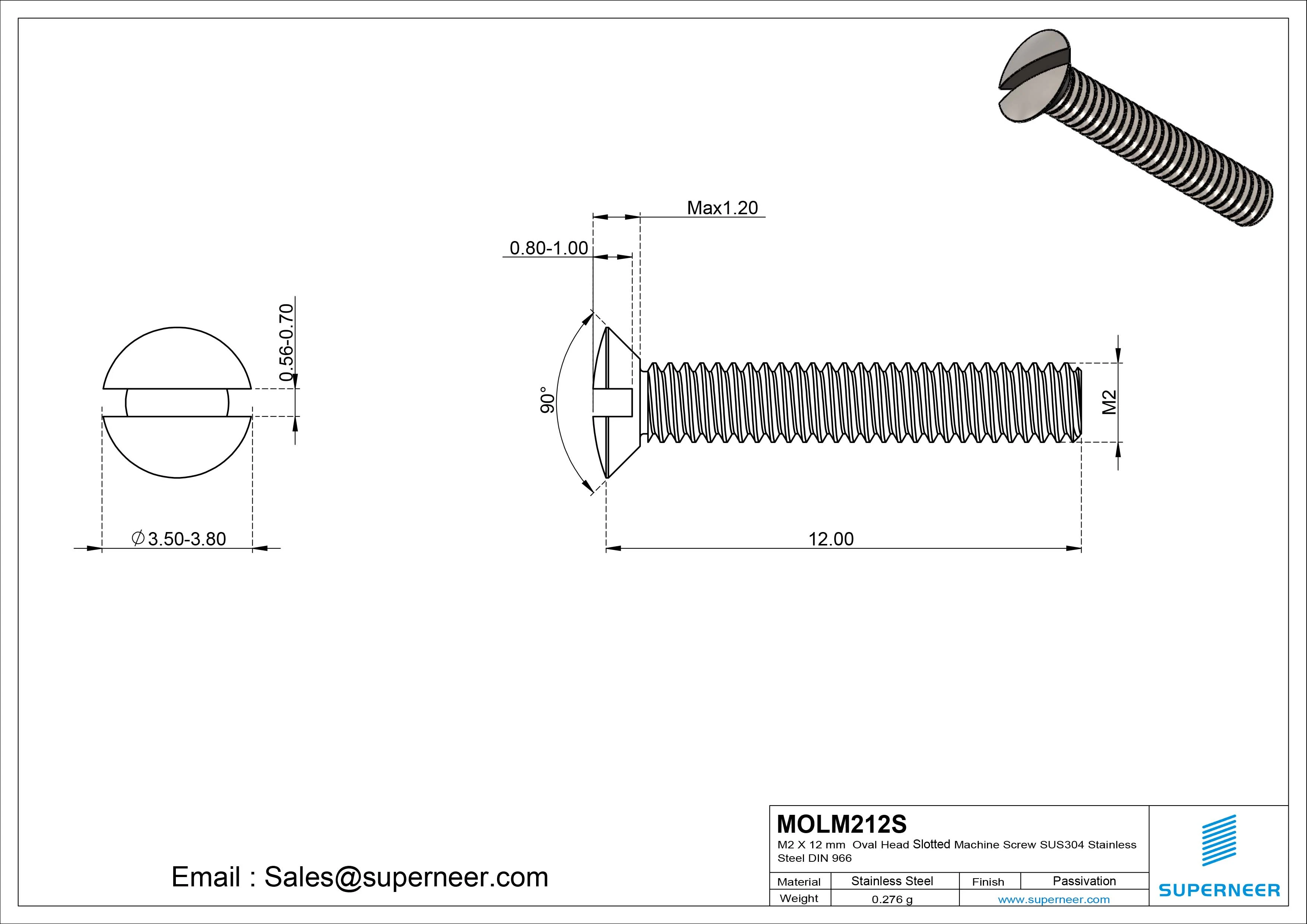 M2 x 12 mm Oval Head Slotted Machine Screw SUS304 Stainless Steel Inox DIN 964