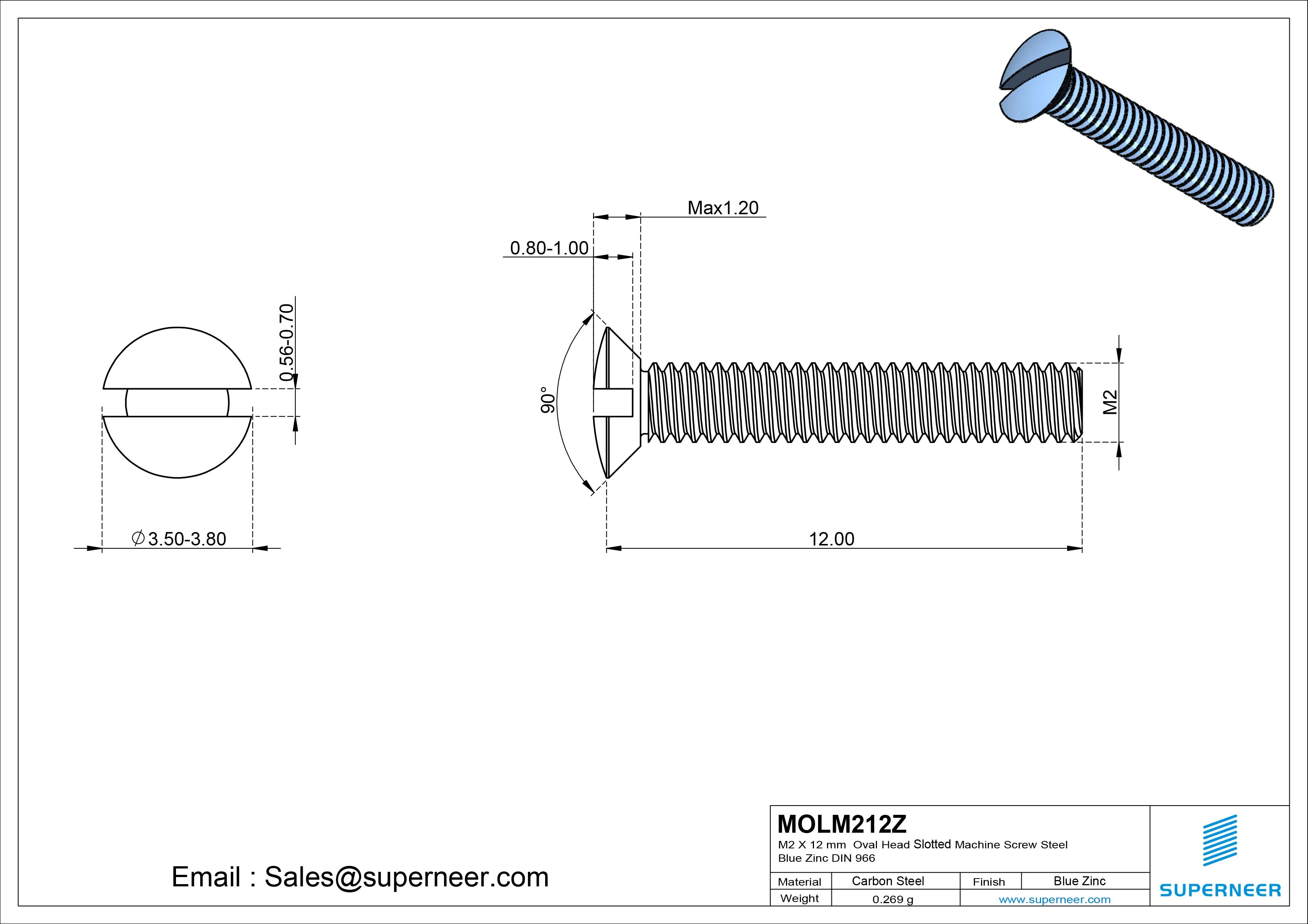 M2 x 12 mm Oval Head Slotted Machine Screw Steel Blue Zinc Plated DIN 964