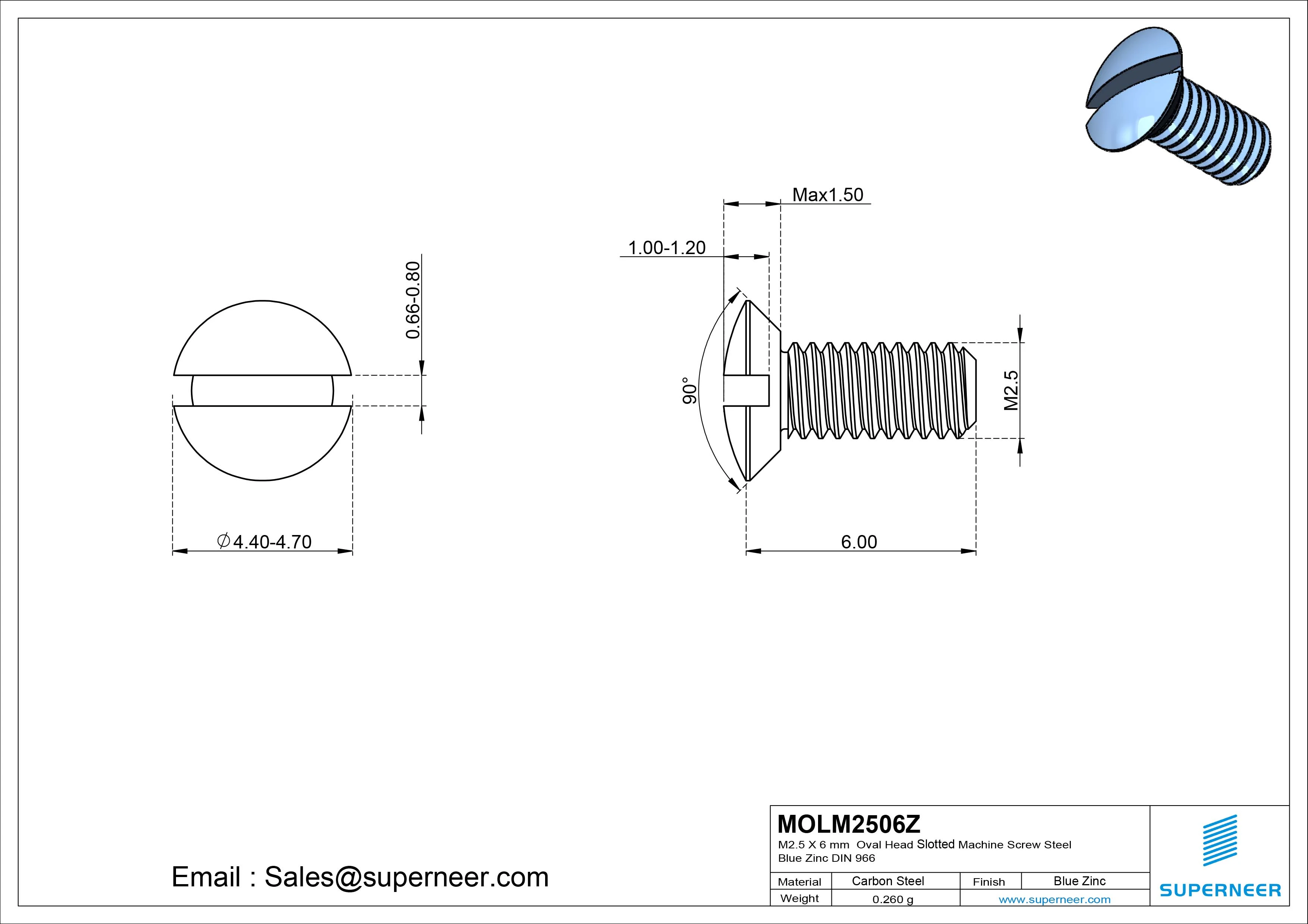 M2.5 x 6 mm Oval Head Slotted Machine Screw Steel Blue Zinc Plated DIN 964