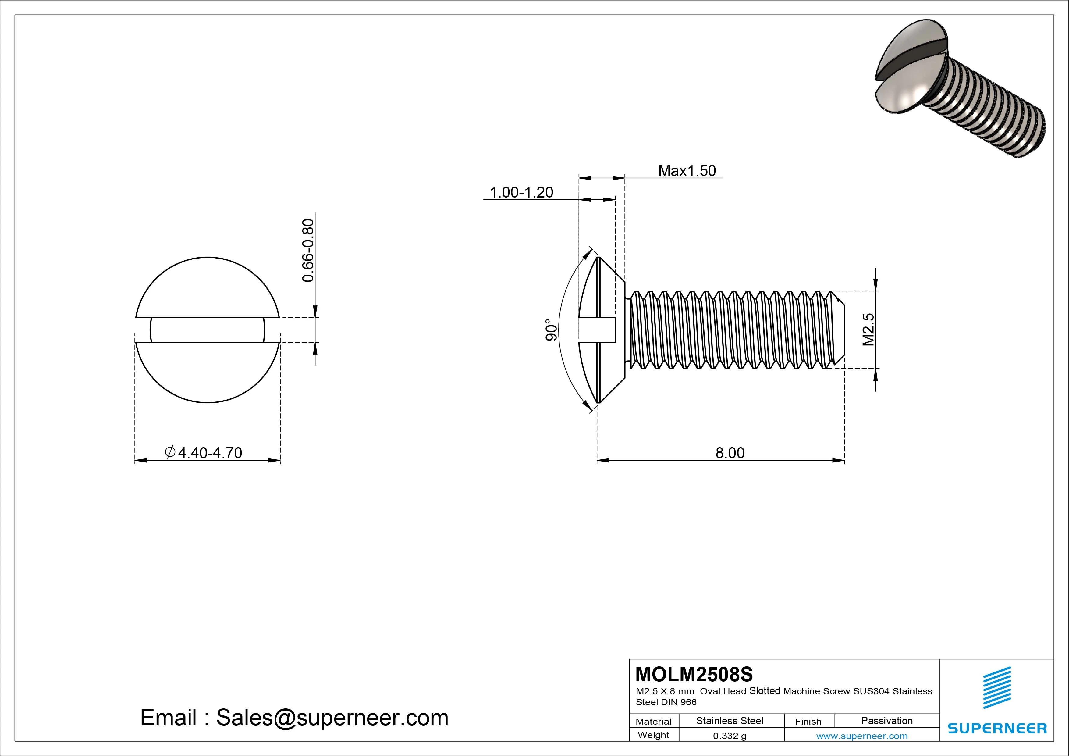 M2.5 x 8 mm Oval Head Slotted Machine Screw SUS304 Stainless Steel Inox DIN 964