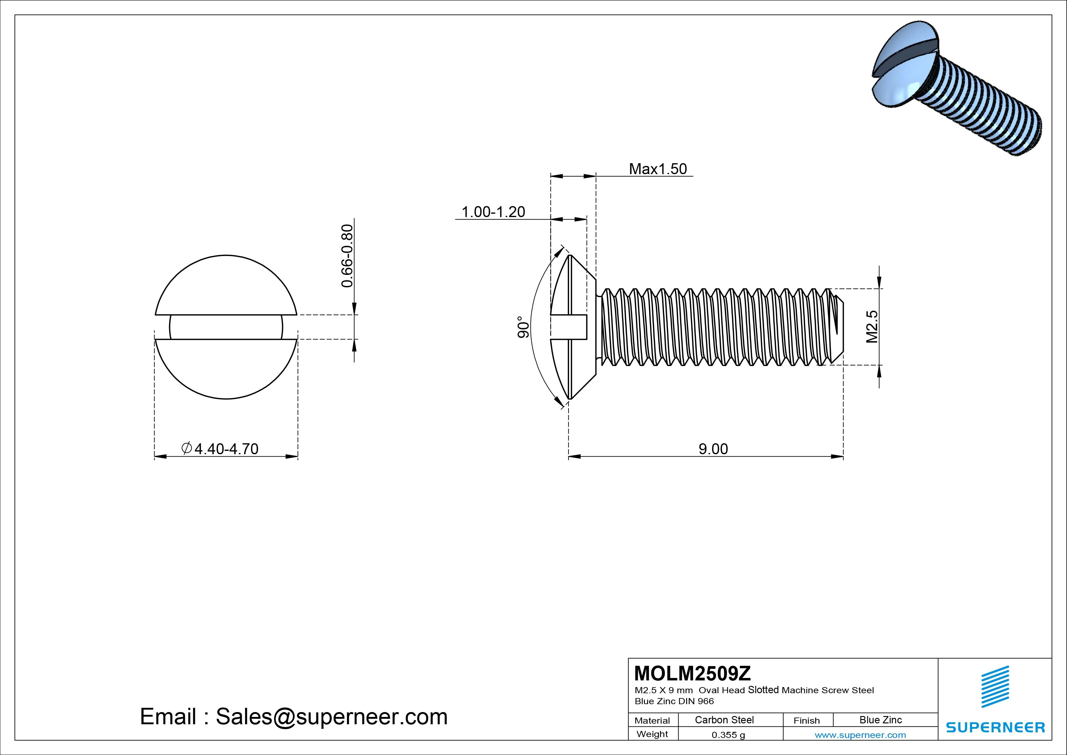 M2.5 x 9 mm Oval Head Slotted Machine Screw Steel Blue Zinc Plated DIN 964