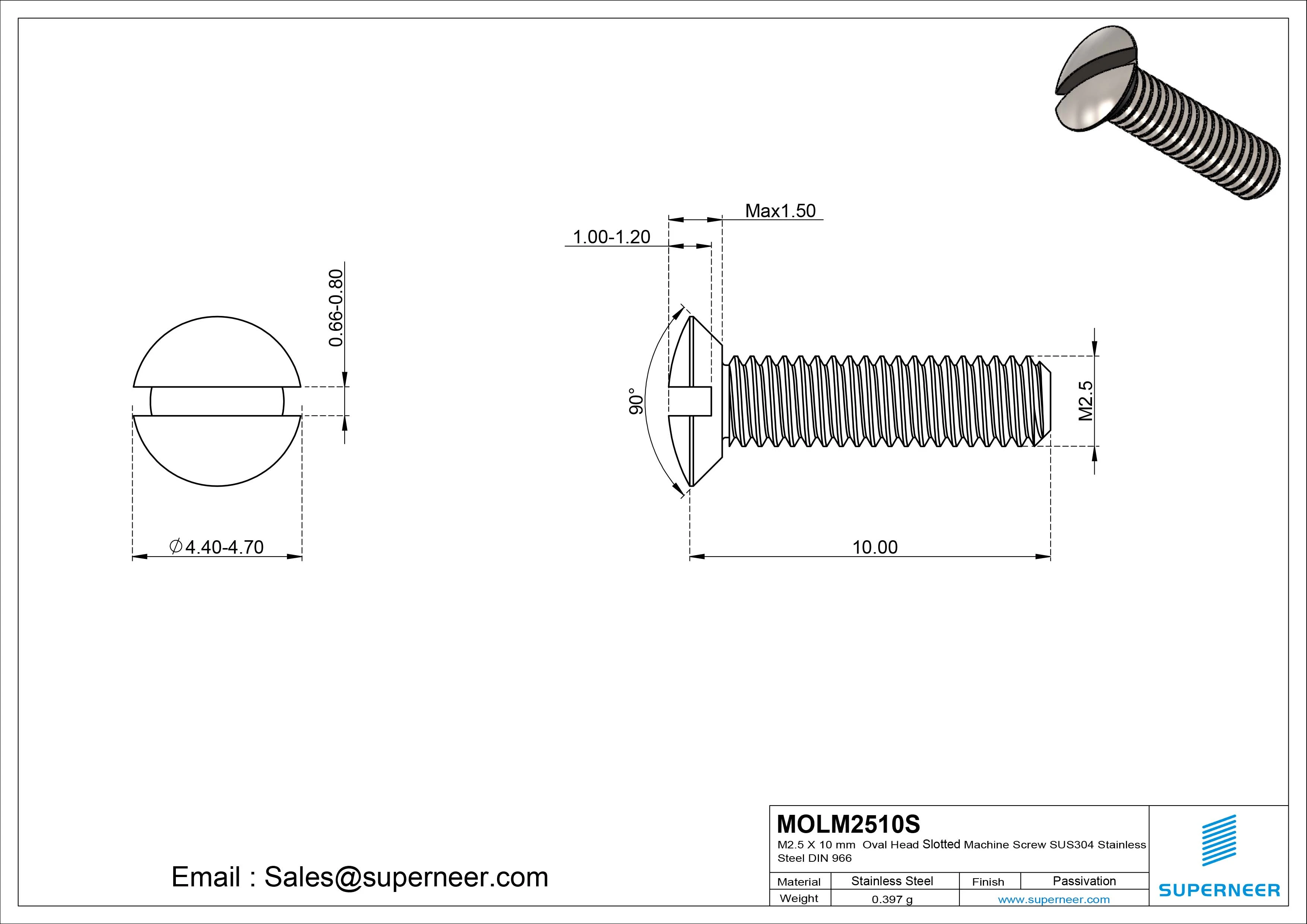 M2.5 x 10 mm Oval Head Slotted Machine Screw SUS304 Stainless Steel Inox DIN 964