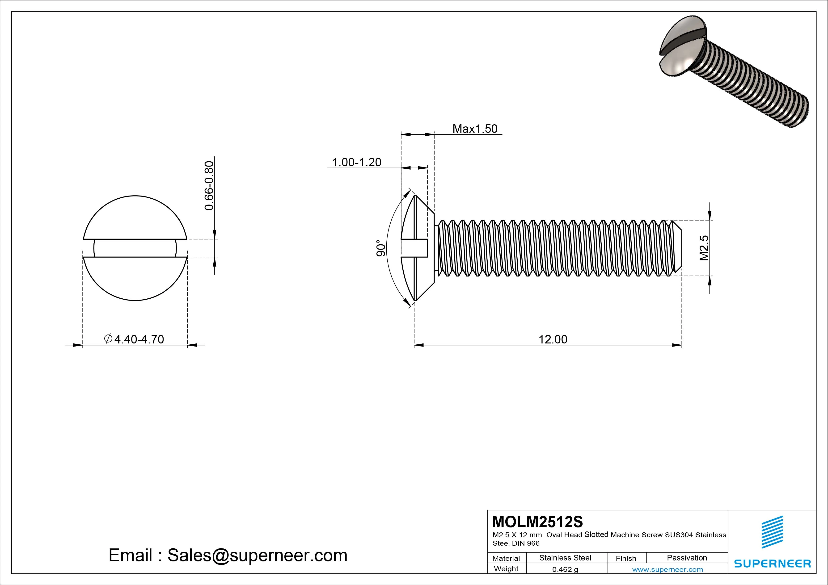 M2.5 x 12 mm Oval Head Slotted Machine Screw SUS304 Stainless Steel Inox DIN 964